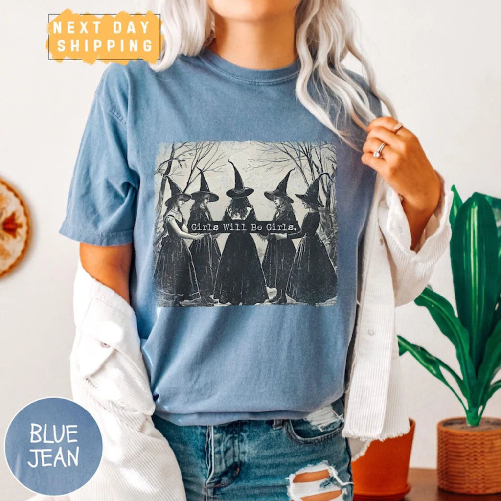 Pasimax Cozy Retro 'Girls Will Be Girls' Witch Shirt – Comfort Colors® Nostalgic Halloween Tee, Funny Witchy Vibes Fall Stapl