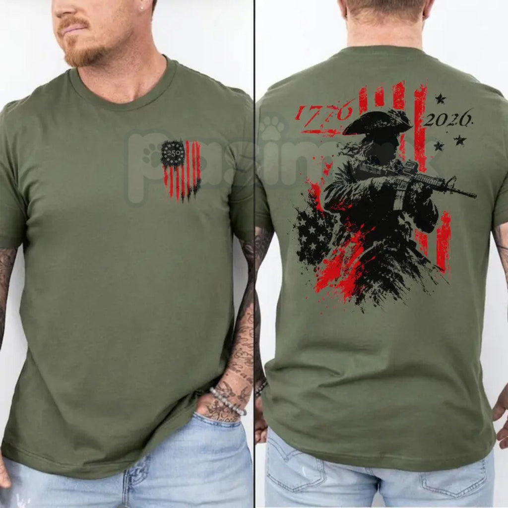 250th Anniversary Distressed American Flag 2-Sided T-Shirt – Retro 1776-2026 Revolutionary Soldier Patriotic Graphic Tee