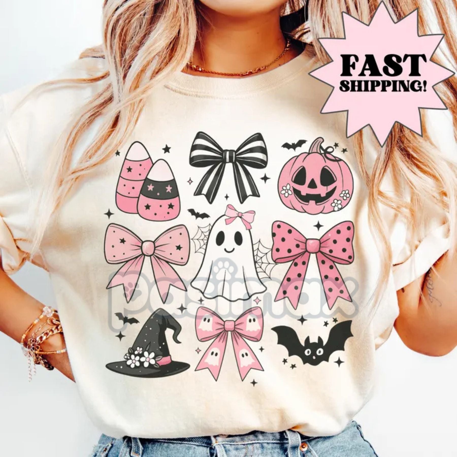 Pasimax Comfort Colors® Pink Girly Bows Halloween Tee — side view