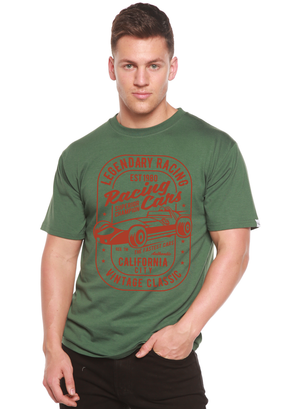 Spun Bamboo Legendary Racing Cars Men's Bamboo Viscose/Organic Cotton Short Sleeve Graphic T-Shirt — back view