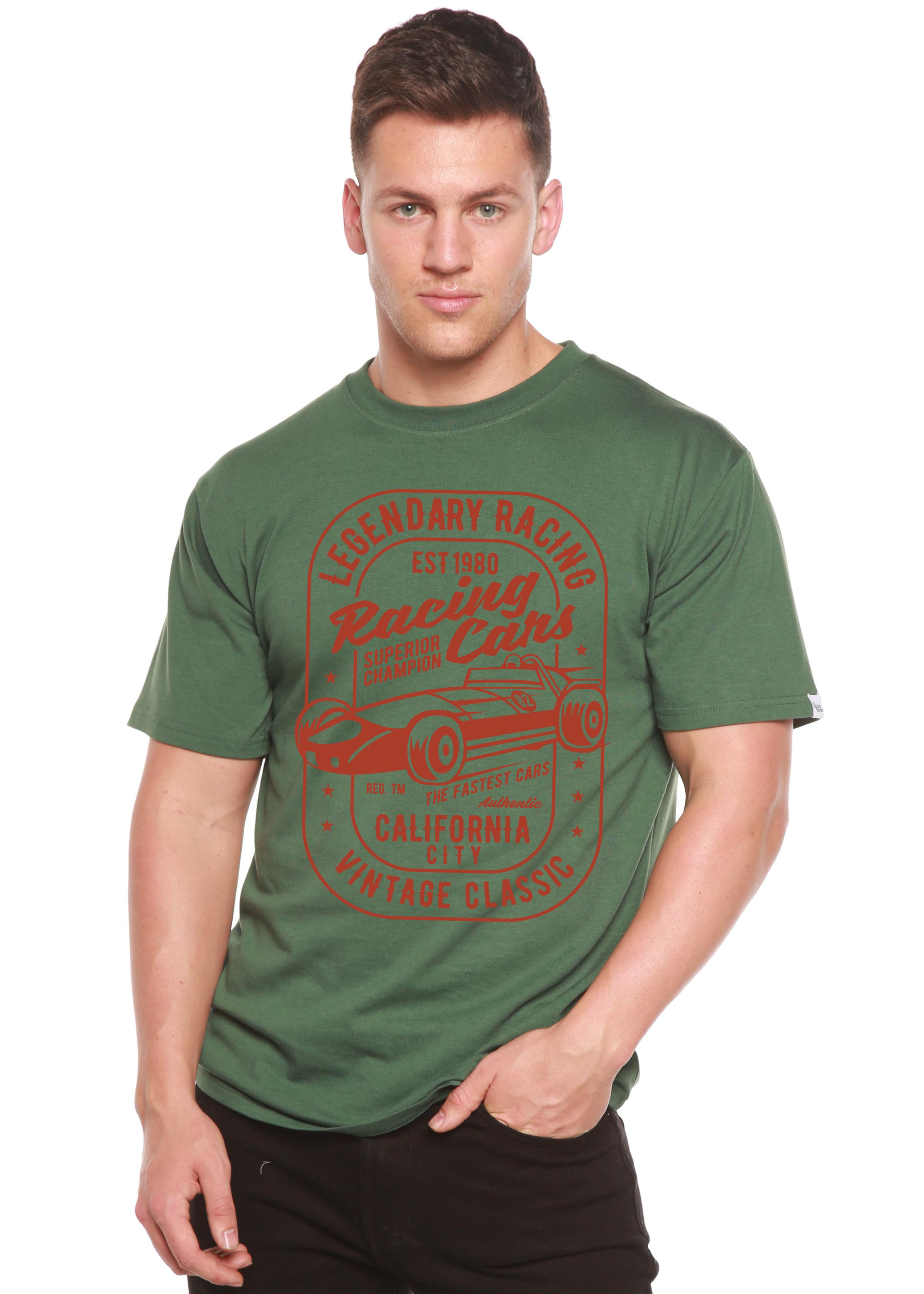 Spun Bamboo Legendary Racing Cars Men's Bamboo Viscose/Organic Cotton Short Sleeve Graphic T-Shirt — back view