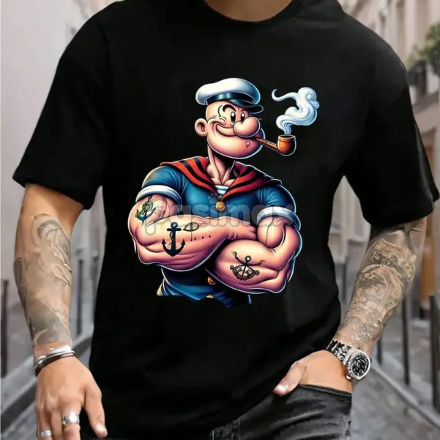 Pasimax Men's Popeye Printed Urban Casual T-Shirt - Classic Cartoon Graphic Tee, Short Sleeved Round Neck — side view