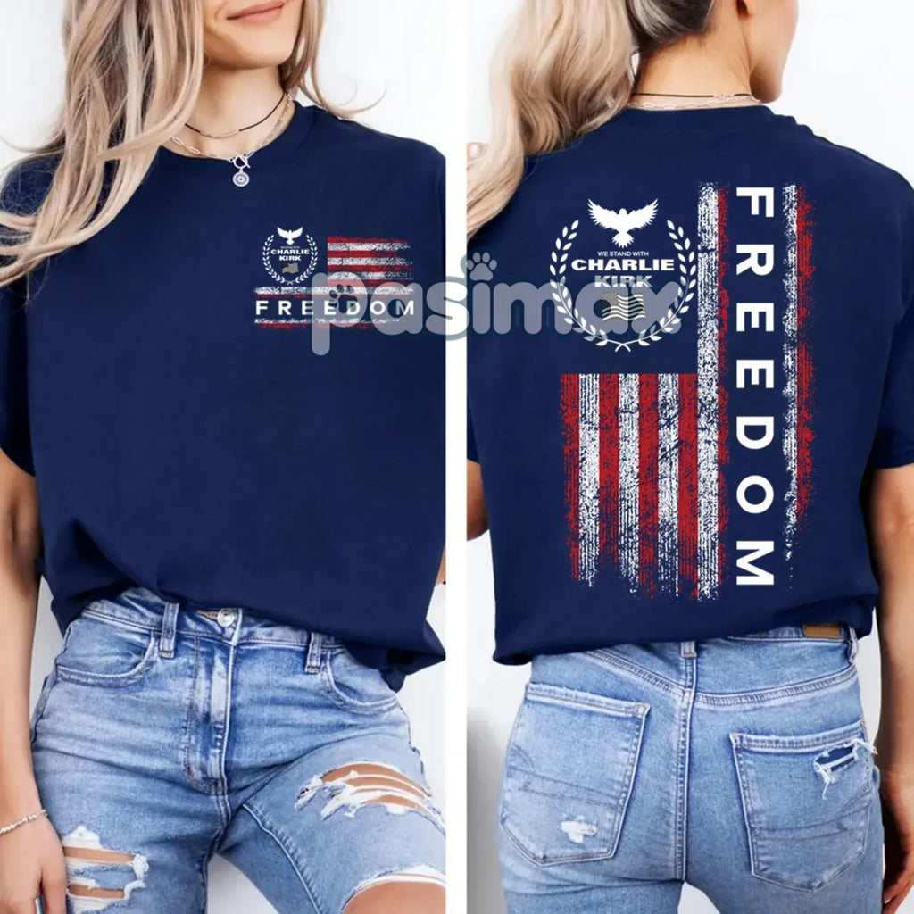 Pasimax Freedom Charlie Kirk USA Flag T-Shirt — side view