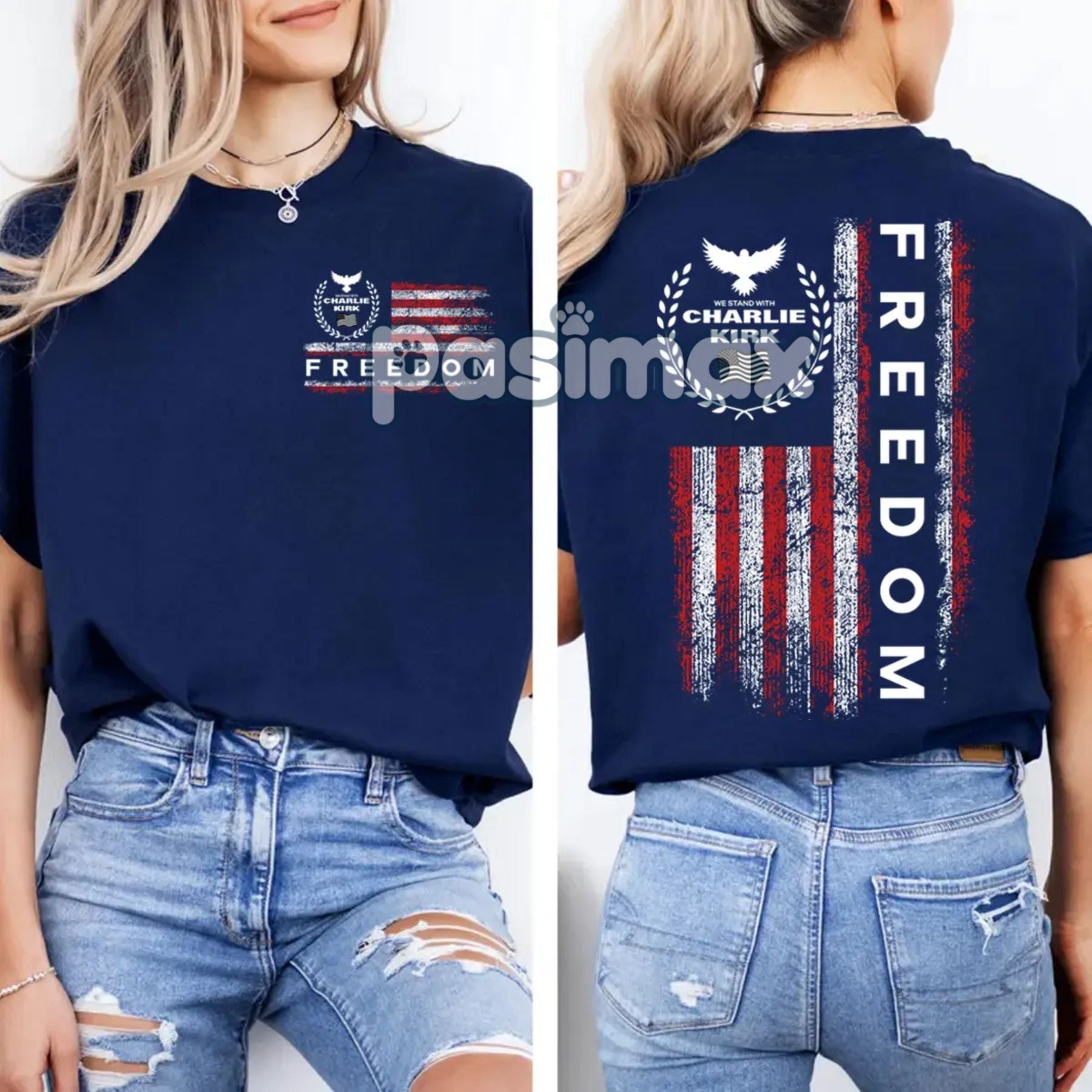 Pasimax Freedom Charlie Kirk USA Flag T-Shirt — side view