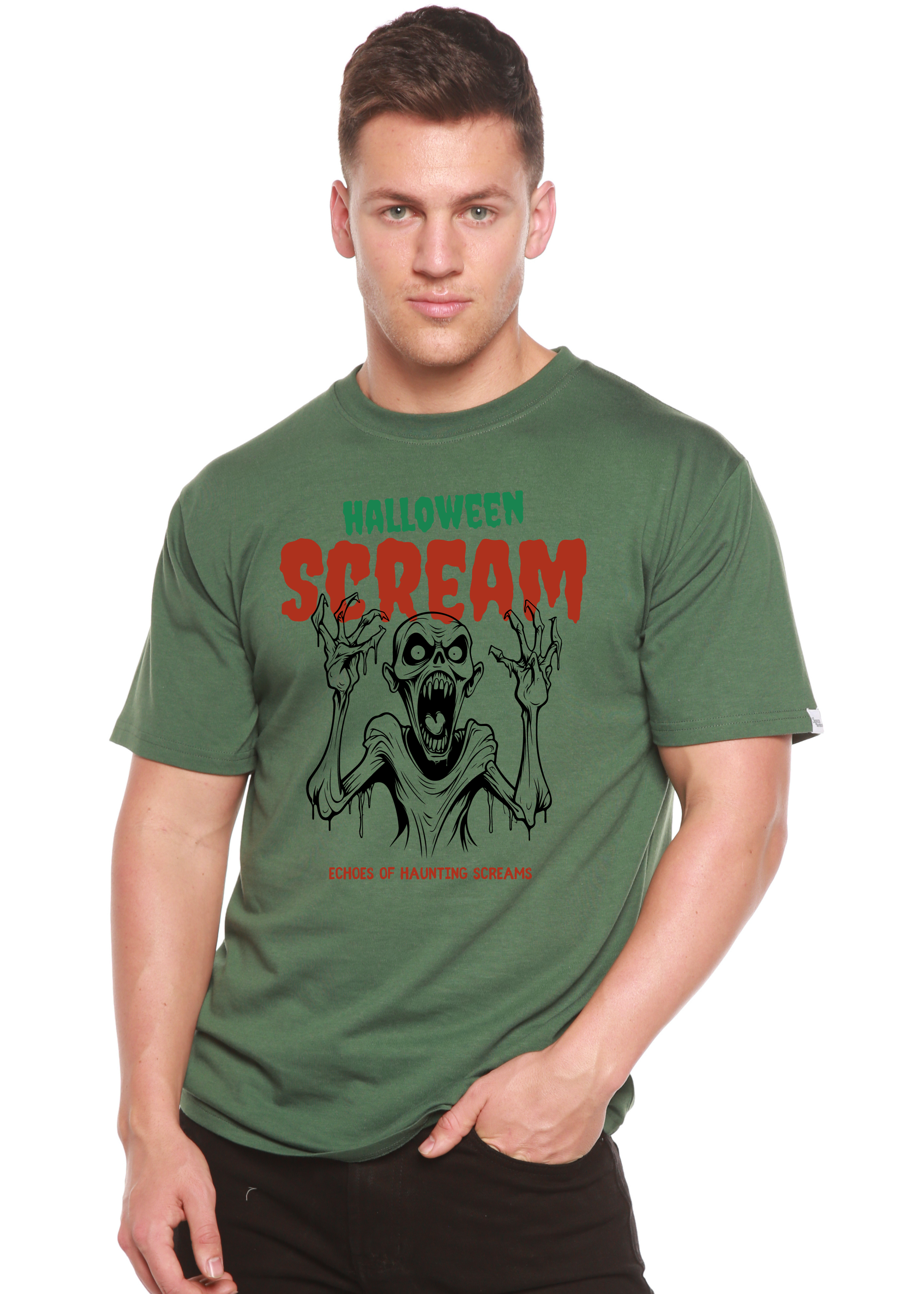 Spun Bamboo Halloween Scream Men's Bamboo Viscose/Organic Cotton Short Sleeve Graphic T-Shirt — side view