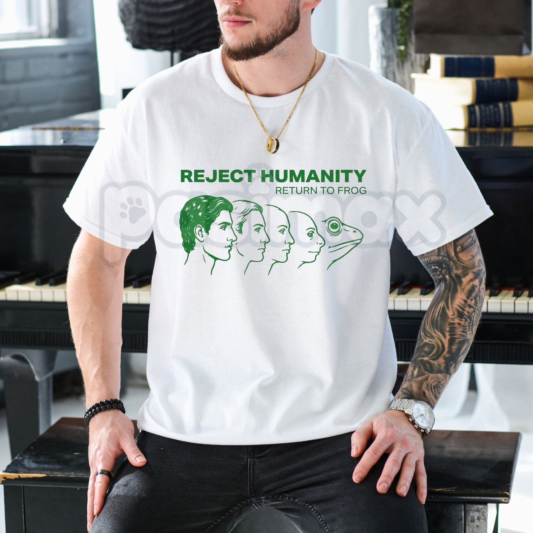 Pasimax "Reject Humanity Return to Frog" Evolution T-Shirt - Funny Ironic Meme Graphic Tee, Absurdist Frog Lover Gift Shirt, 