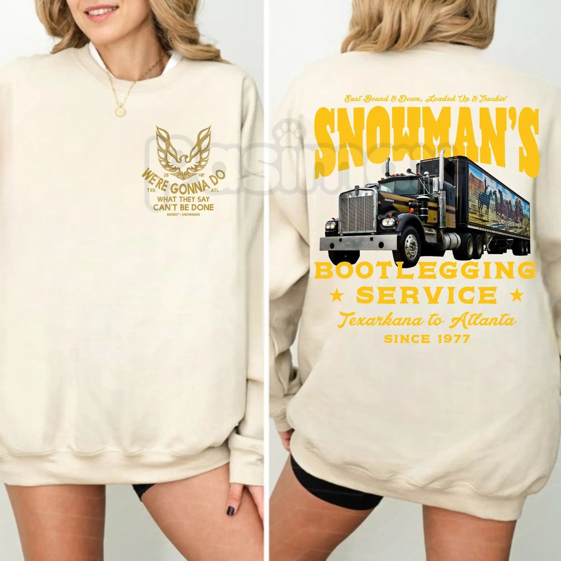 Pasimax Funny Snowman's Bootlegging Service 2-Sided Sweatshirt | Prohibition Era Holiday Humor Crewneck — side view