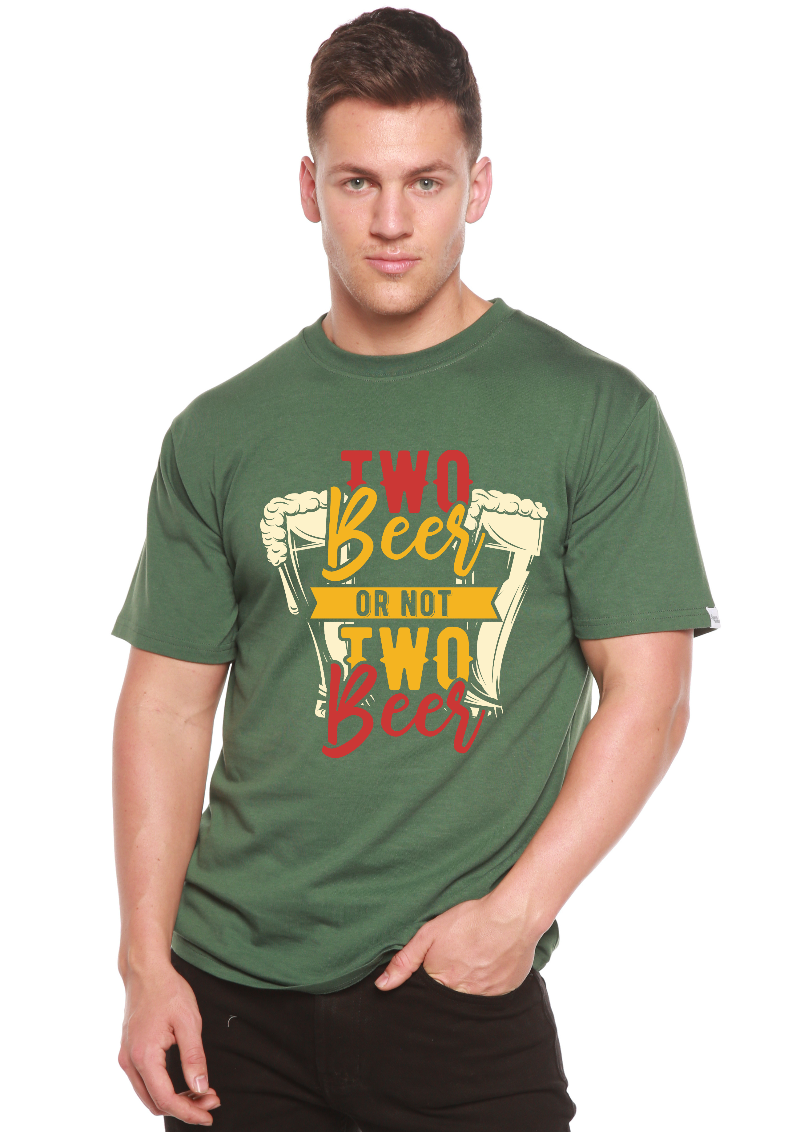 Spun Bamboo Two Beer Men's Bamboo Viscose/Organic Cotton Short Sleeve Graphic T-Shirt — in-use photo