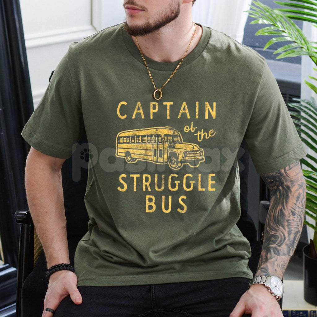 "Captain of The Struggle Bus" Funny T-Shirt – Sarcastic School Bus Graphic Tee, Premium 100% Cotton Novelty Humor Top, Soft Lived-In Heavyweight Relatable Parenting Shirt, Made in USA