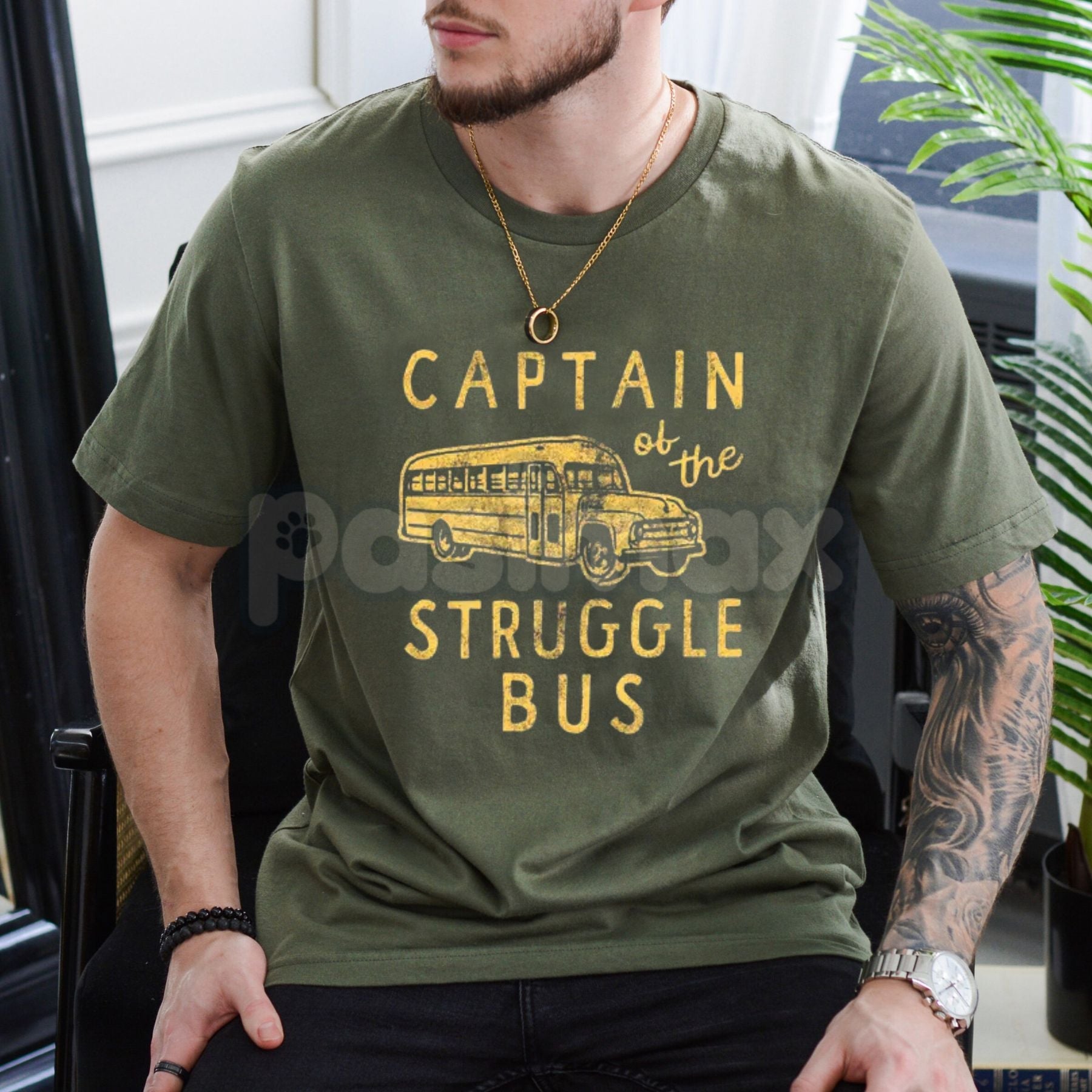 "Captain of The Struggle Bus" Funny T-Shirt – Sarcastic School Bus Graphic Tee, Premium 100% Cotton Novelty Humor Top, Soft Lived-In Heavyweight Relatable Parenting Shirt, Made in USA