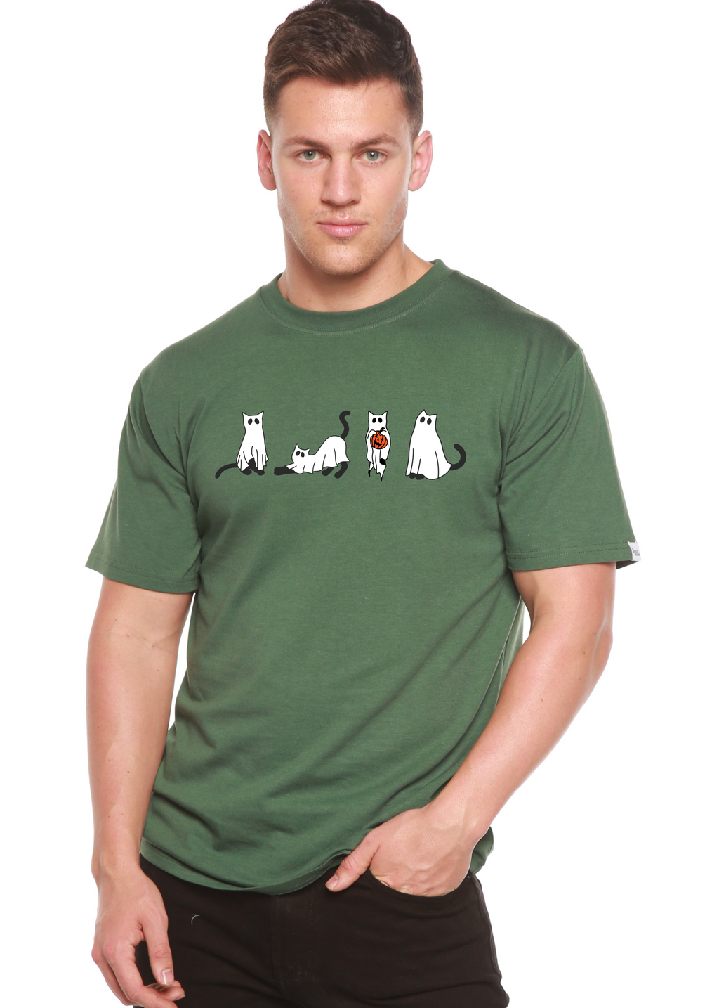 Spun Bamboo Halloween Cats Men's Bamboo Viscose/Organic Cotton Short Sleeve Graphic T-Shirt — back view