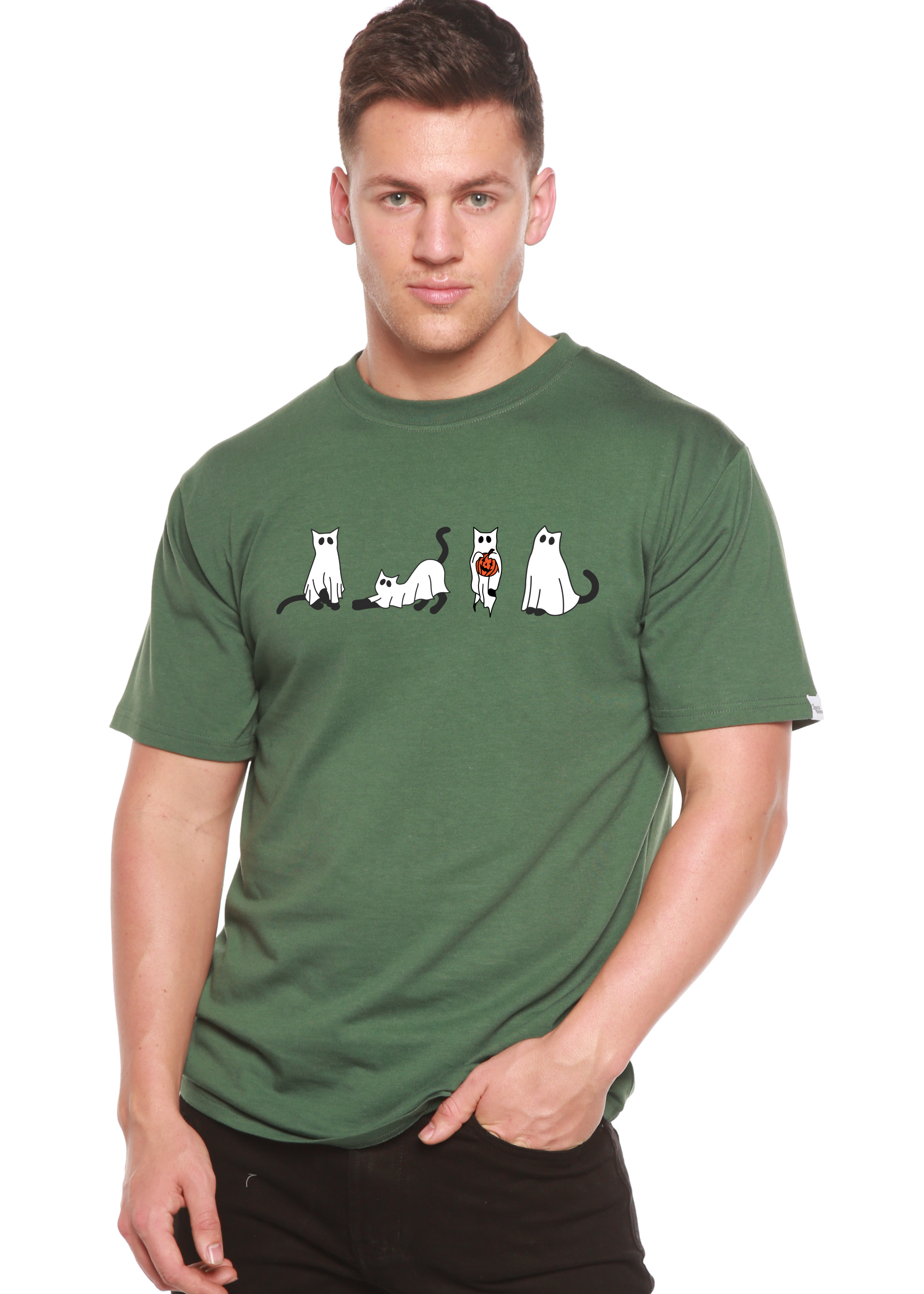 Spun Bamboo Halloween Cats Men's Bamboo Viscose/Organic Cotton Short Sleeve Graphic T-Shirt — back view