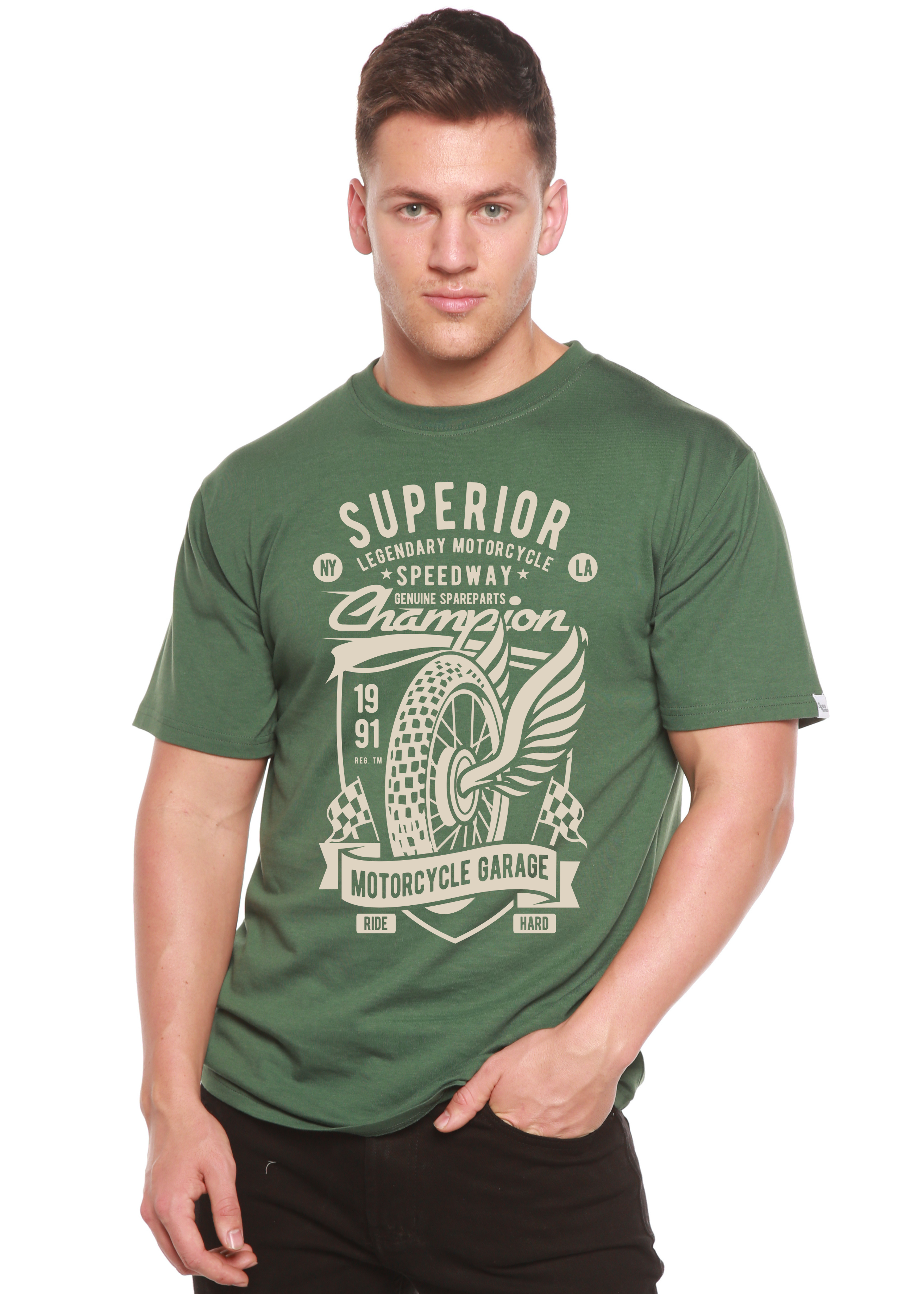 Spun Bamboo Superior Motorcycle Spun Bamboo® Men's Bamboo Viscose/Organic Cotton Short Sleeve Graphic T-Shirt — detail close-