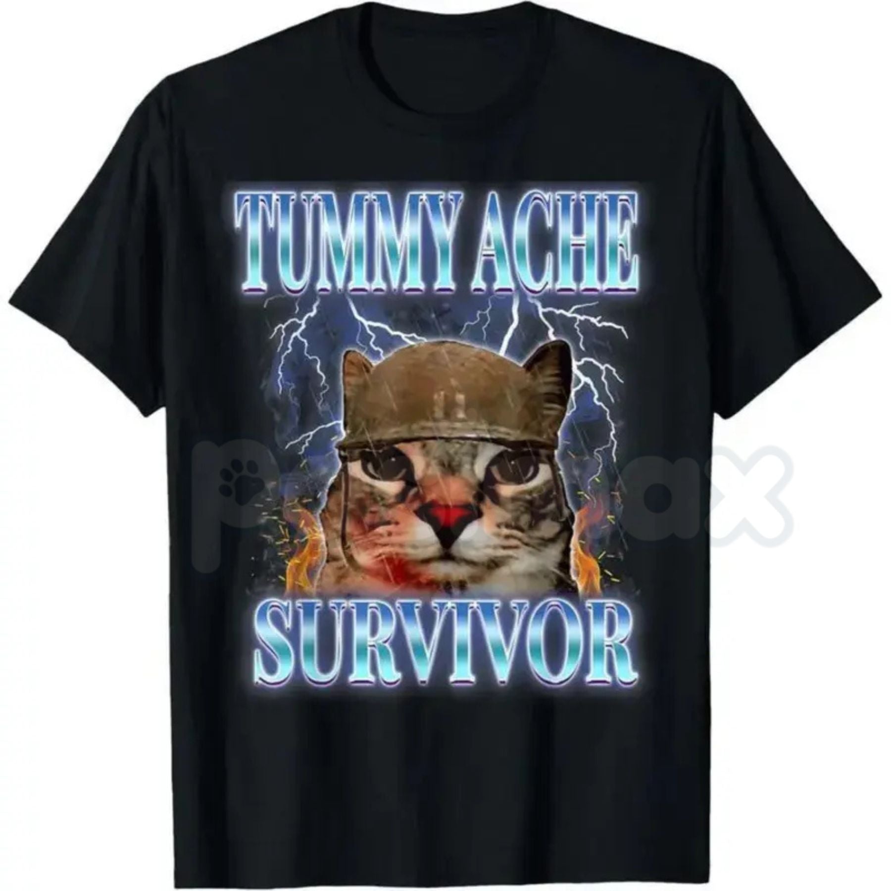 Funny "Tummy Ache Survivor" Cat Meme T-Shirt – Sarcastic Graphic Humor Tee, Premium 100% Cotton Relatable Animal Top, Soft Lived-In Heavyweight Dramatic Cat Shirt, Made in USA