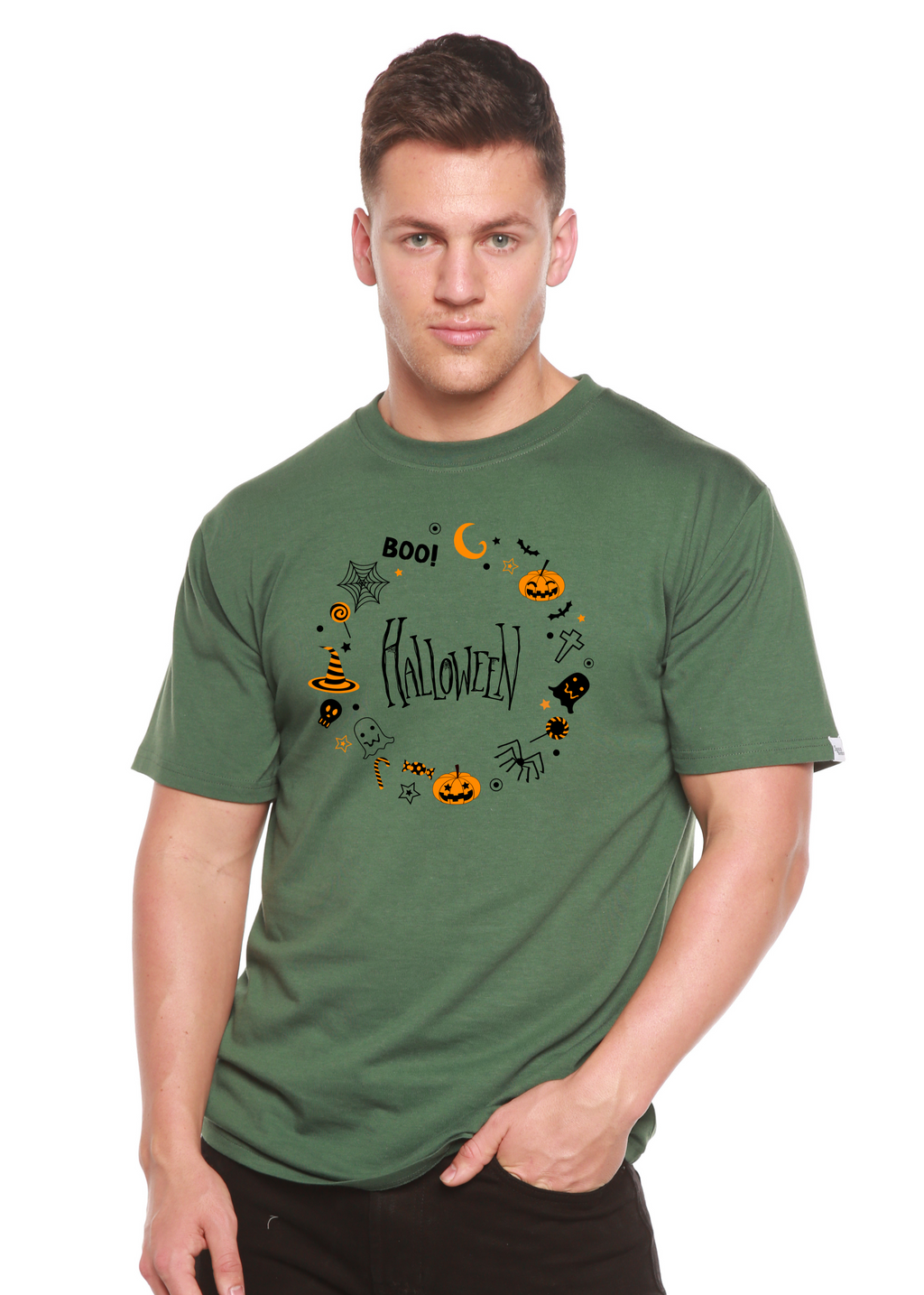 Spun Bamboo Bool Halloween Men's Bamboo Viscose/Organic Cotton Short Sleeve Graphic T-Shirt — back view