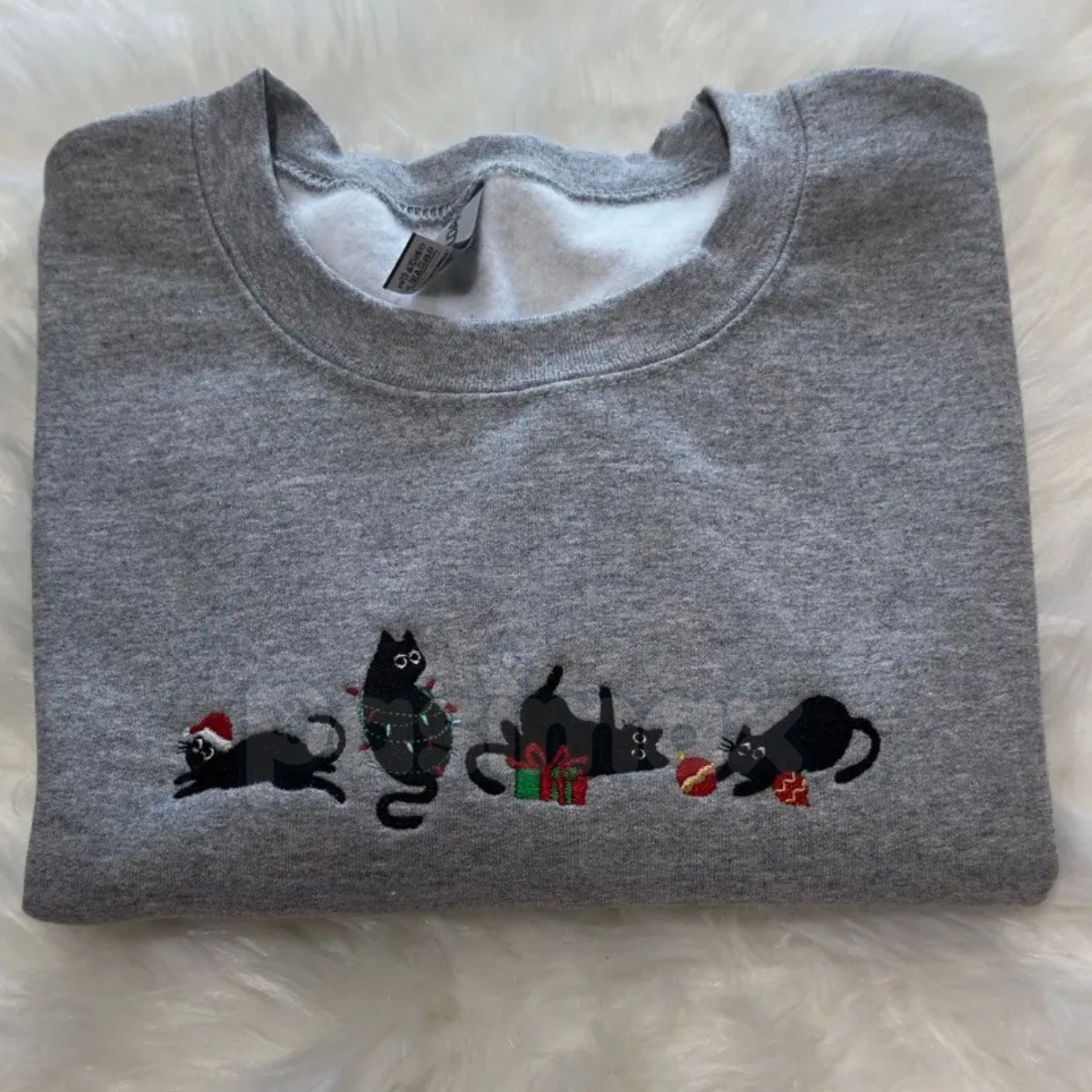 Pasimax Black Christmas Cats Embroidered Sweatshirt – Cozy Holiday Cat Mom Crewneck — side view