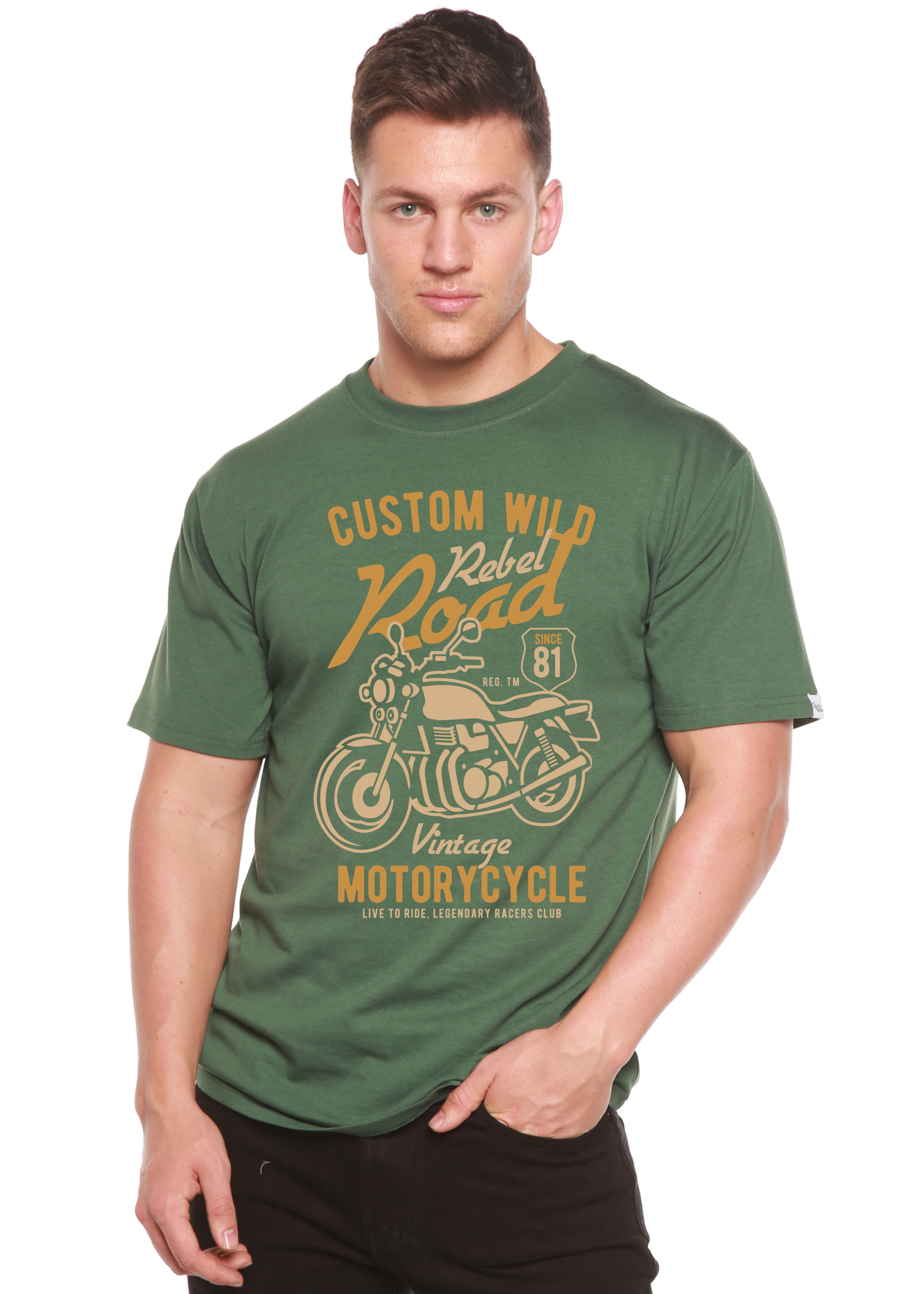 Spun Bamboo Custom Wild Men's Bamboo Viscose/Organic Cotton Short Sleeve Graphic T-Shirt — in-use photo