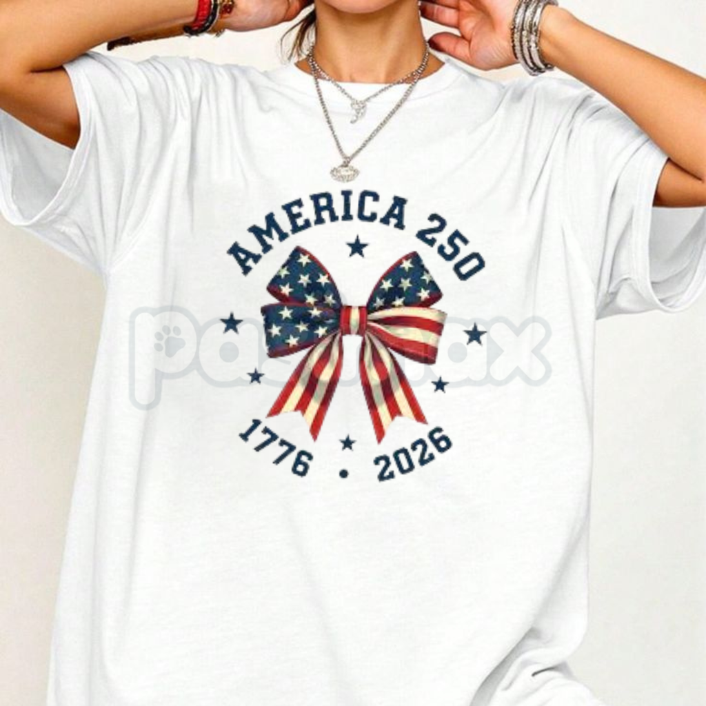 America 250 "Stars and Stripes" Bow T-Shirt – 2026 Semiquincentennial Graphic Tee, Premium 100% Cotton Patriotic Coquette Top, Soft Lived-In Heavyweight USA 250th Anniversary Shirt, Made in USA