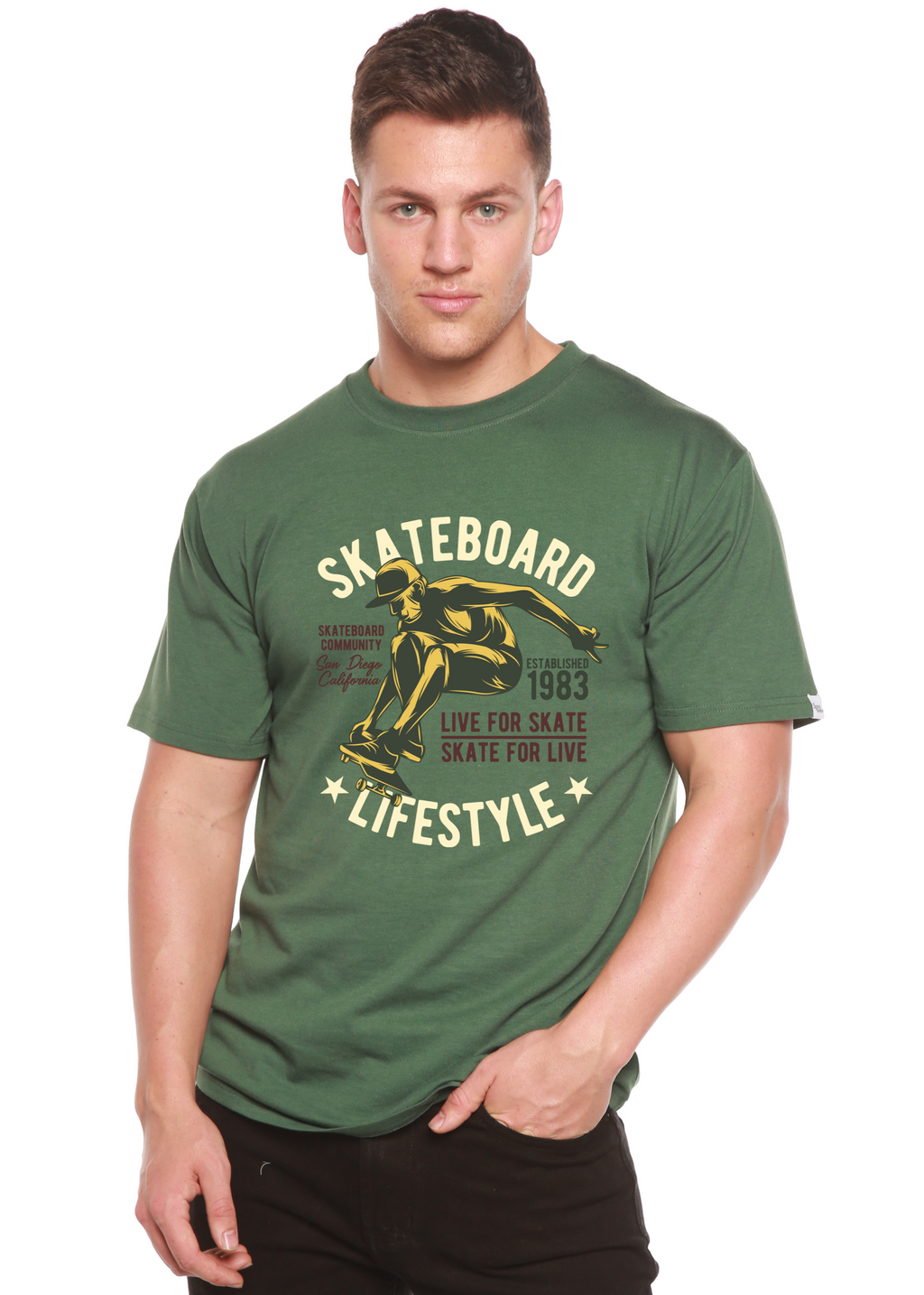 Spun Bamboo Skateboard Lifestyle Men's Bamboo Viscose/Organic Cotton Short Sleeve Graphic T-Shirt — detail close-up