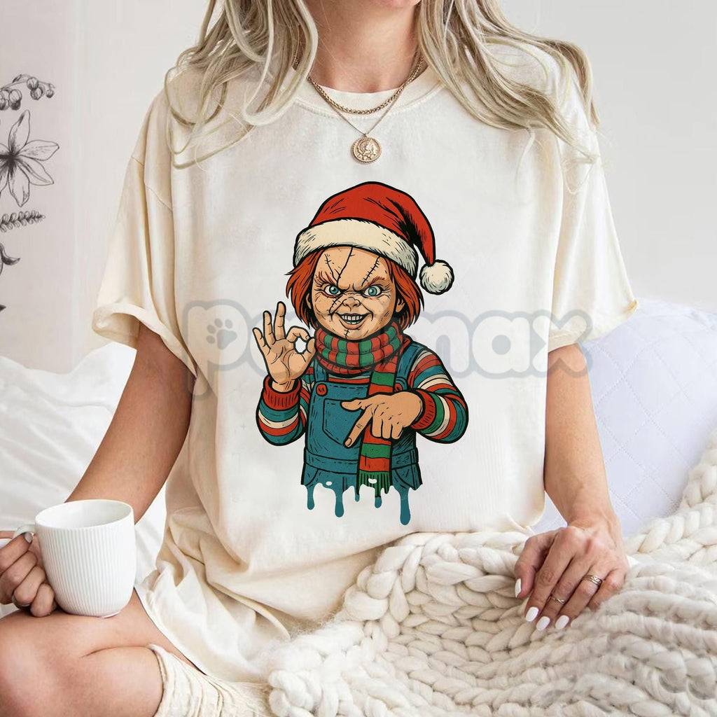 Pasimax Merry Creepmas "Six Seven" Hand Sign T-Shirt - Funny Christmas 6 7 Tee, Dark Humor Holiday Apparel — side view