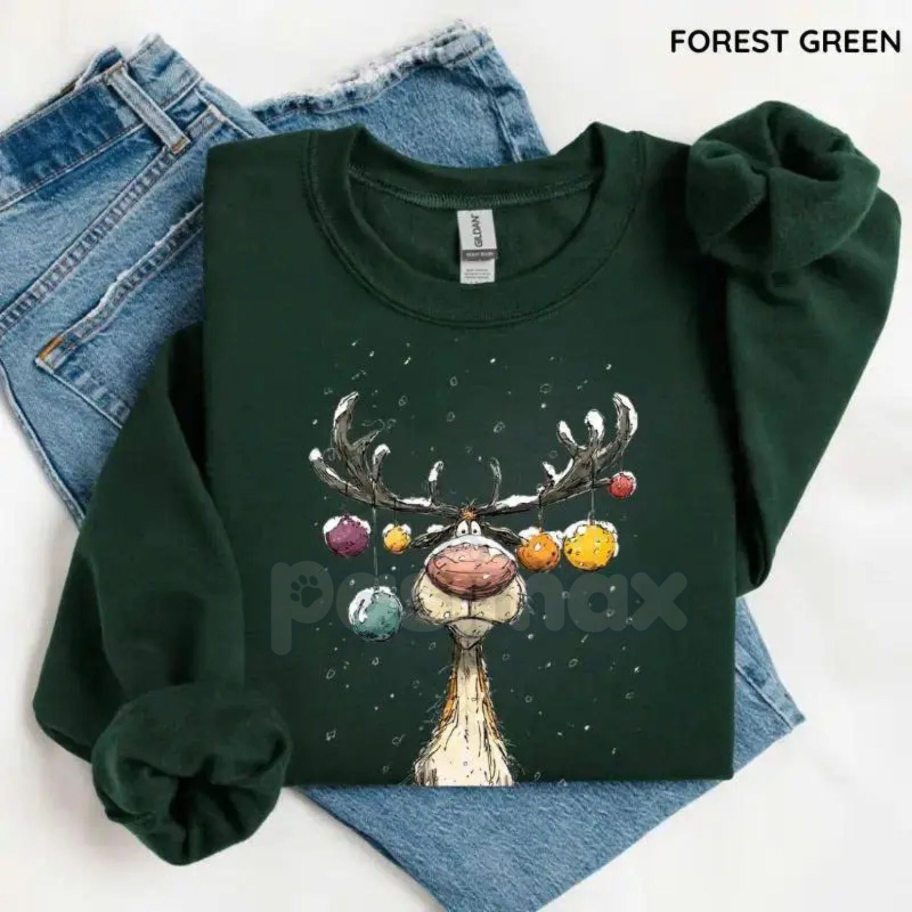 Pasimax Vintage Reindeer Sweatshirt | Retro Christmas Crewneck Jumper | Nostalgic Holiday Graphic Top — back view