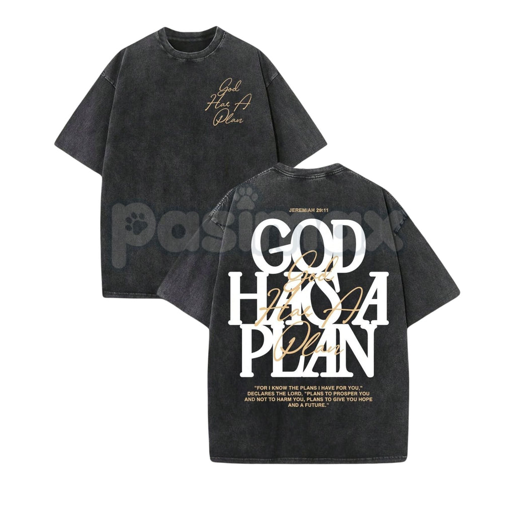 Pasimax "God Has A Plan" Double Sided T-Shirt – Retro Washed Christian Letter Print, 230 GSM Cotton — side view