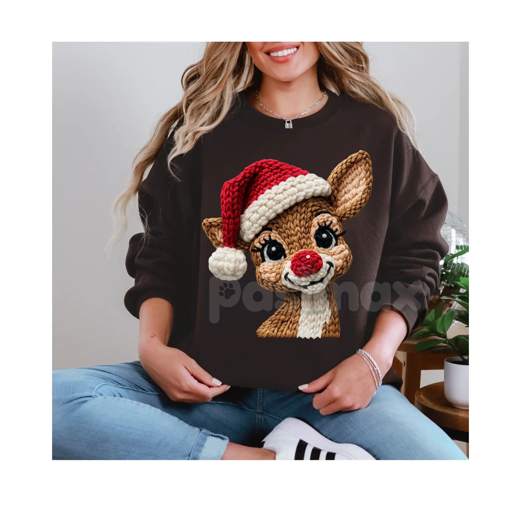 Pasimax Classic Red Nose Reindeer & Santa Hat Holiday Sweatshirt – Whimsical Christmas Crewneck — side view