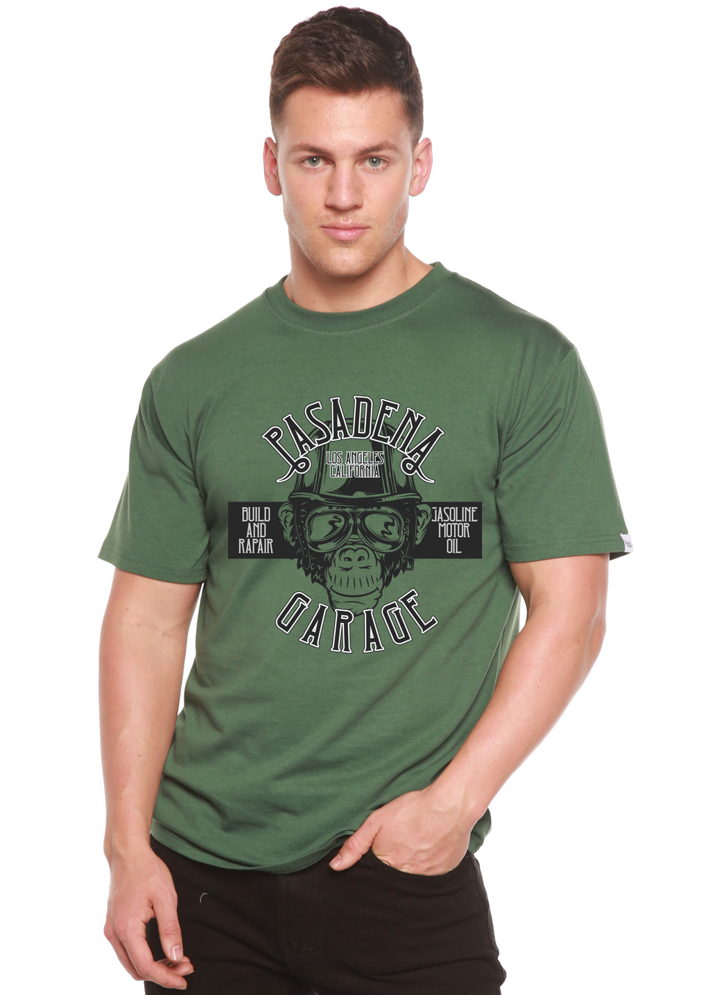 Spun Bamboo Pasadena Garage Men's Bamboo Viscose/Organic Cotton Short Sleeve Graphic T-Shirt — in-use photo