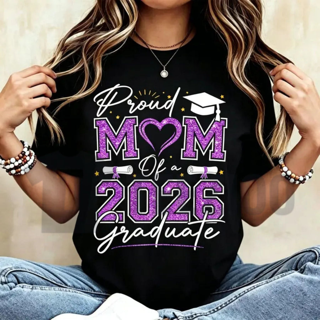 Proud Mom of a 2026 Graduate T-Shirt – Senior 2026 Purple & Gold School Spirit Tee