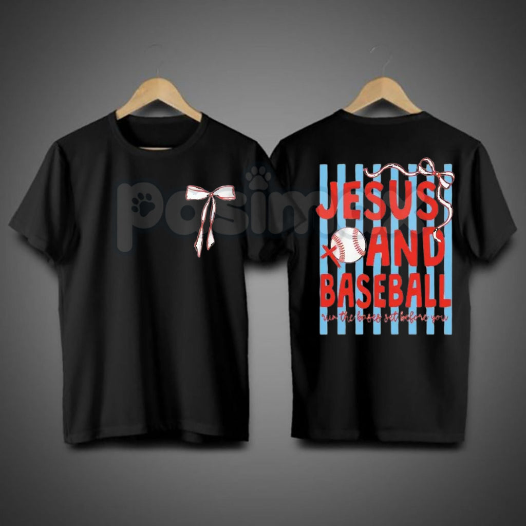 "2 Sides: Jesus & Baseball" Coquette T-Shirt – Cute Christian Athlete Graphic Tee, Premium 100% Cotton Pink Bow Baseball Top, Soft Lived-In Heavyweight Faith & Sports Shirt, Made in USA
