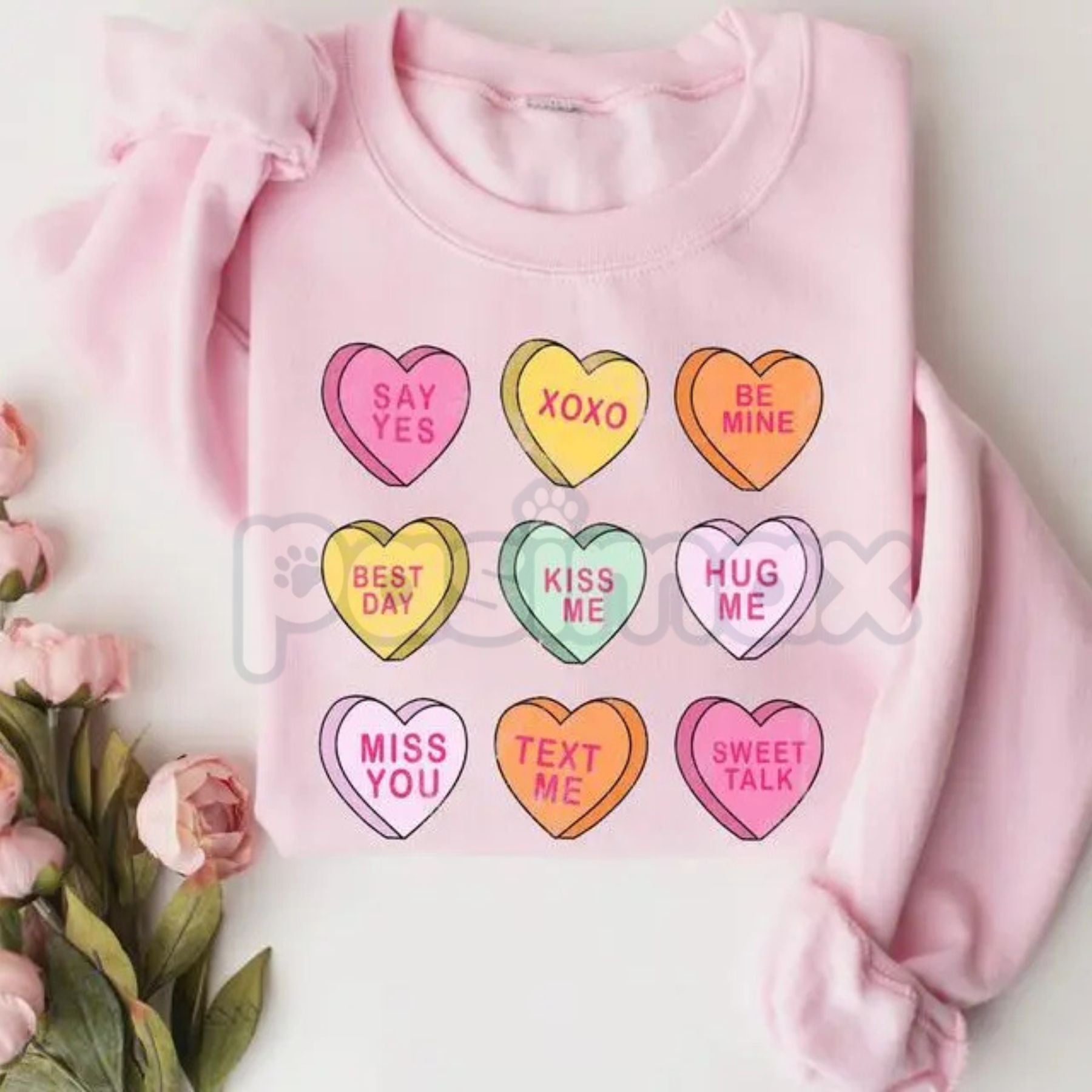 Pasimax Valentine’s Day Conversation Hearts Sweatshirt | Cute Pastel Heart Shirt | Cozy Valentines Crewneck for Women | Roman
