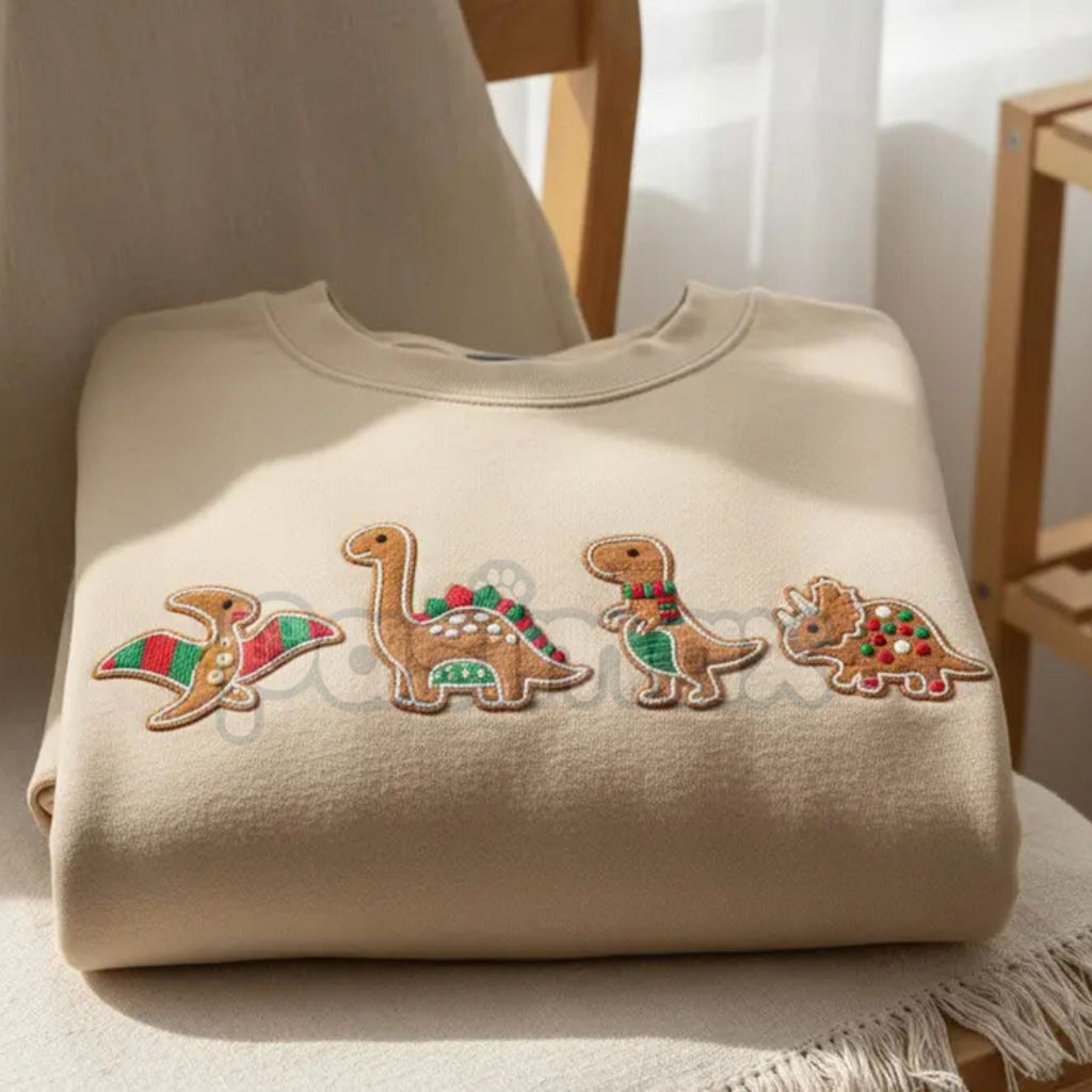 Pasimax Gingerbread Dinosaur Christmas Embroidered Sweatshirt – Funny Holiday Crewneck — side view
