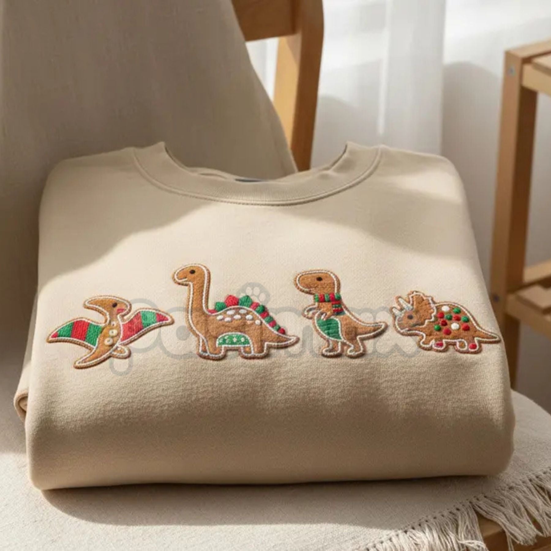 Pasimax Gingerbread Dinosaur Christmas Embroidered Sweatshirt – Funny Holiday Crewneck — side view