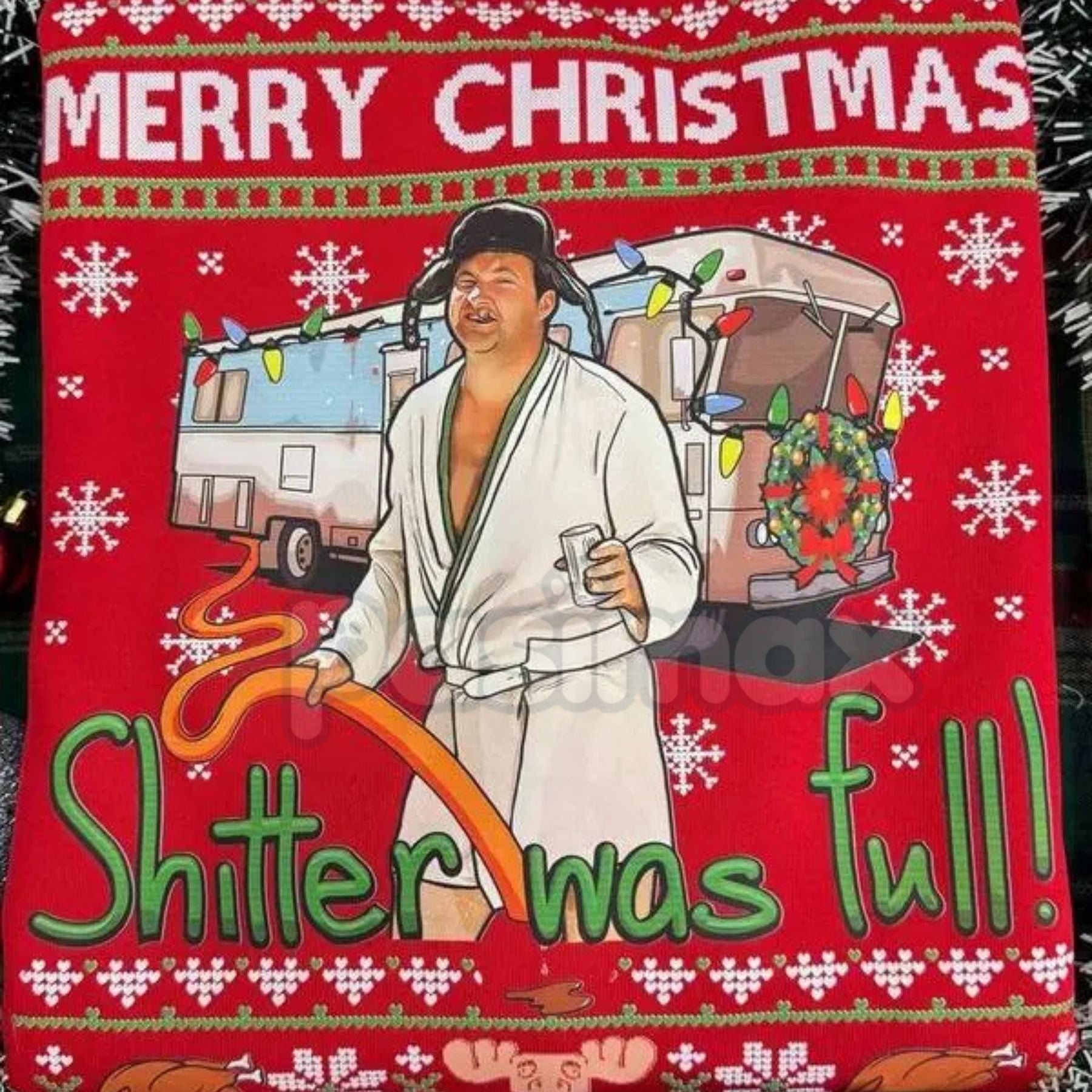 Pasimax Cousin Eddie "Shitter Was Full" Christmas Vacation Funny Sweatshirt — detail close-up