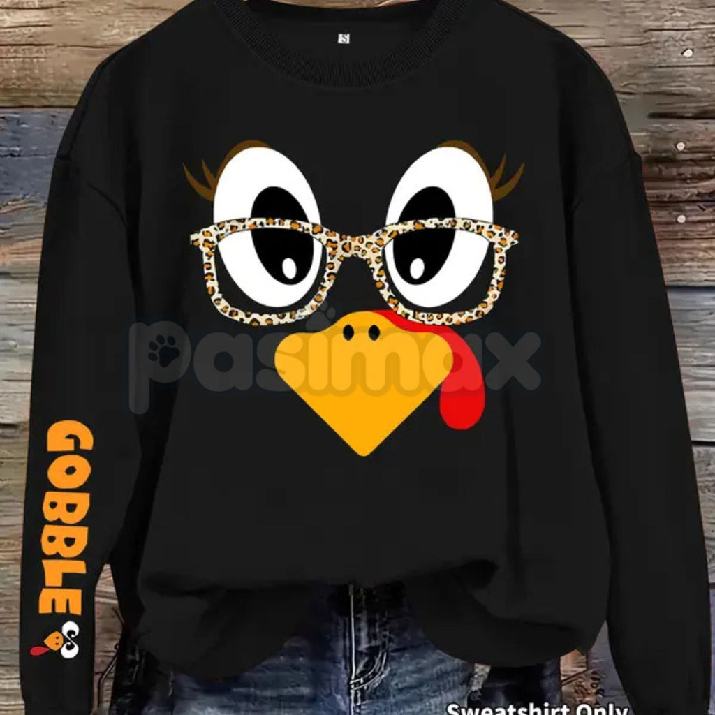 Pasimax Women's Casual Thanksgiving Turkey Print Pullover Sweater – Cozy Holiday Crewneck — side view