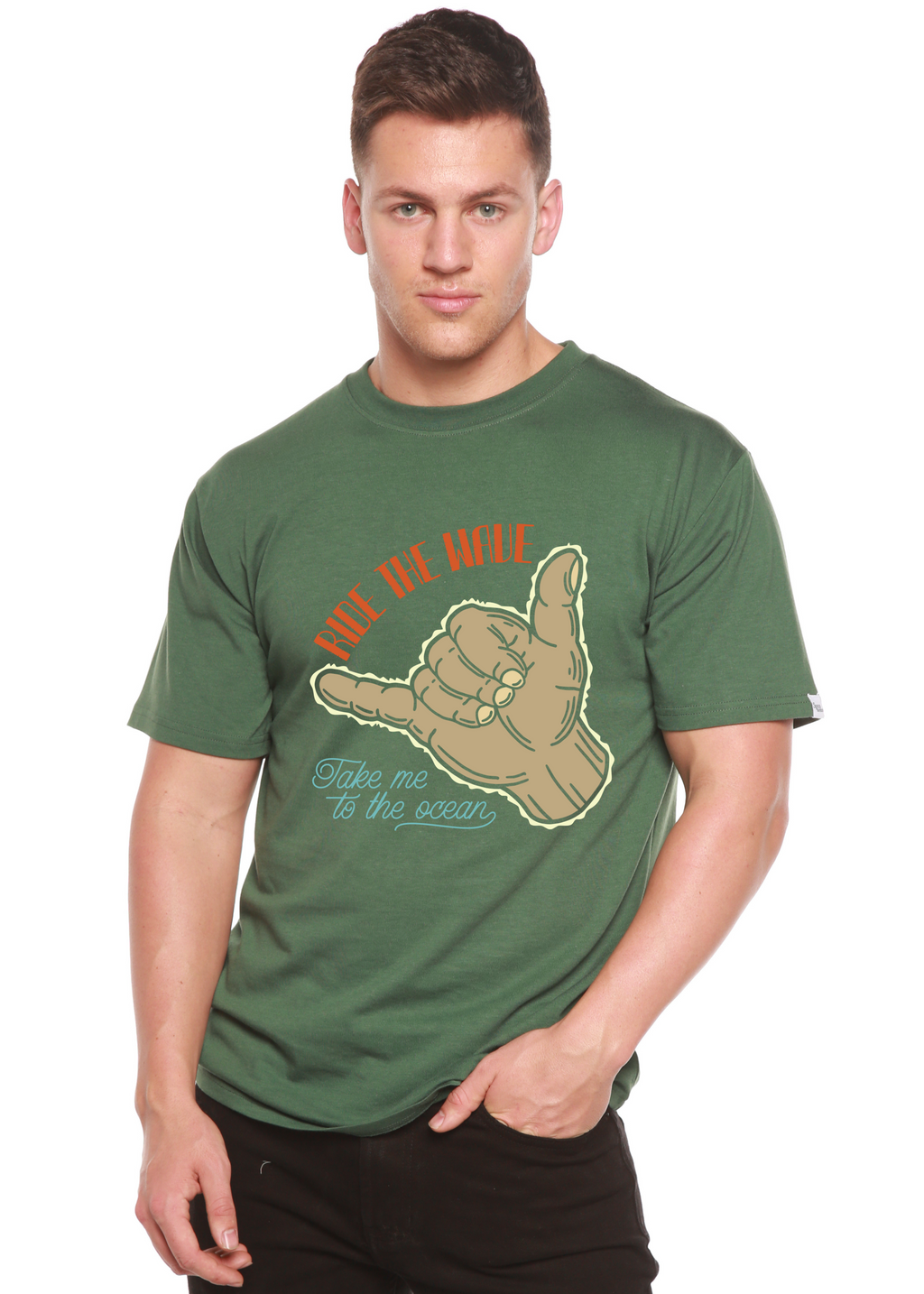 Spun Bamboo Ride The Wave Men's Bamboo Viscose/Organic Cotton Short Sleeve Graphic T-Shirt — in-use photo