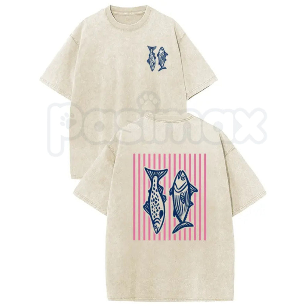 Retro Pink Striped Fish T-Shirt – Acid Wash Dual-Side Graphic Tee, Vintage Nautical Aesthetic Lightweight Cotton Coastal Unisex Top