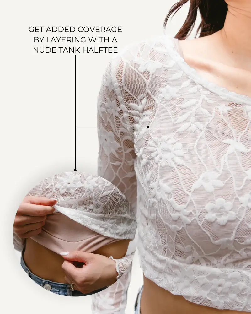 HALFTEE Layering Fashions Full Lace Long-Sleeved Halftee — HALFTEE Layering Fashions branding close-up