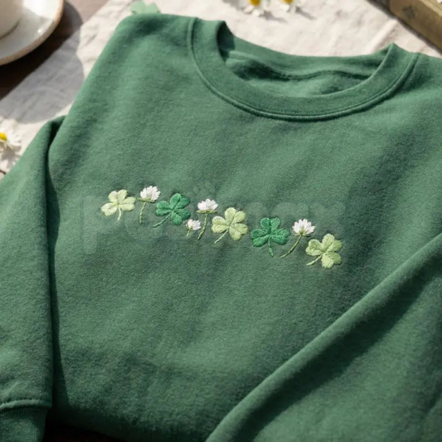 Pasimax Embroidered Shamrock Meadow Crewneck – St. Patrick’s Day Lucky Four-Leaf Flower Sweatshirt — side view