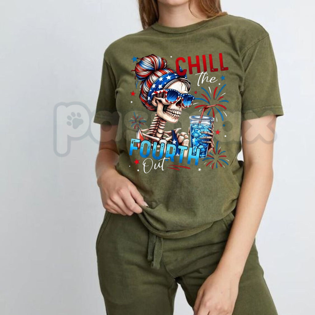 "Chill The Fourth Out" Patriotic Skeleton T-Shirt – 2026 Spring & Summer Men’s Graphic Tee, Premium 100% Cotton 4th of July Top, Soft Lived-In Heavyweight Americana Skeleton Shirt, Made in USA