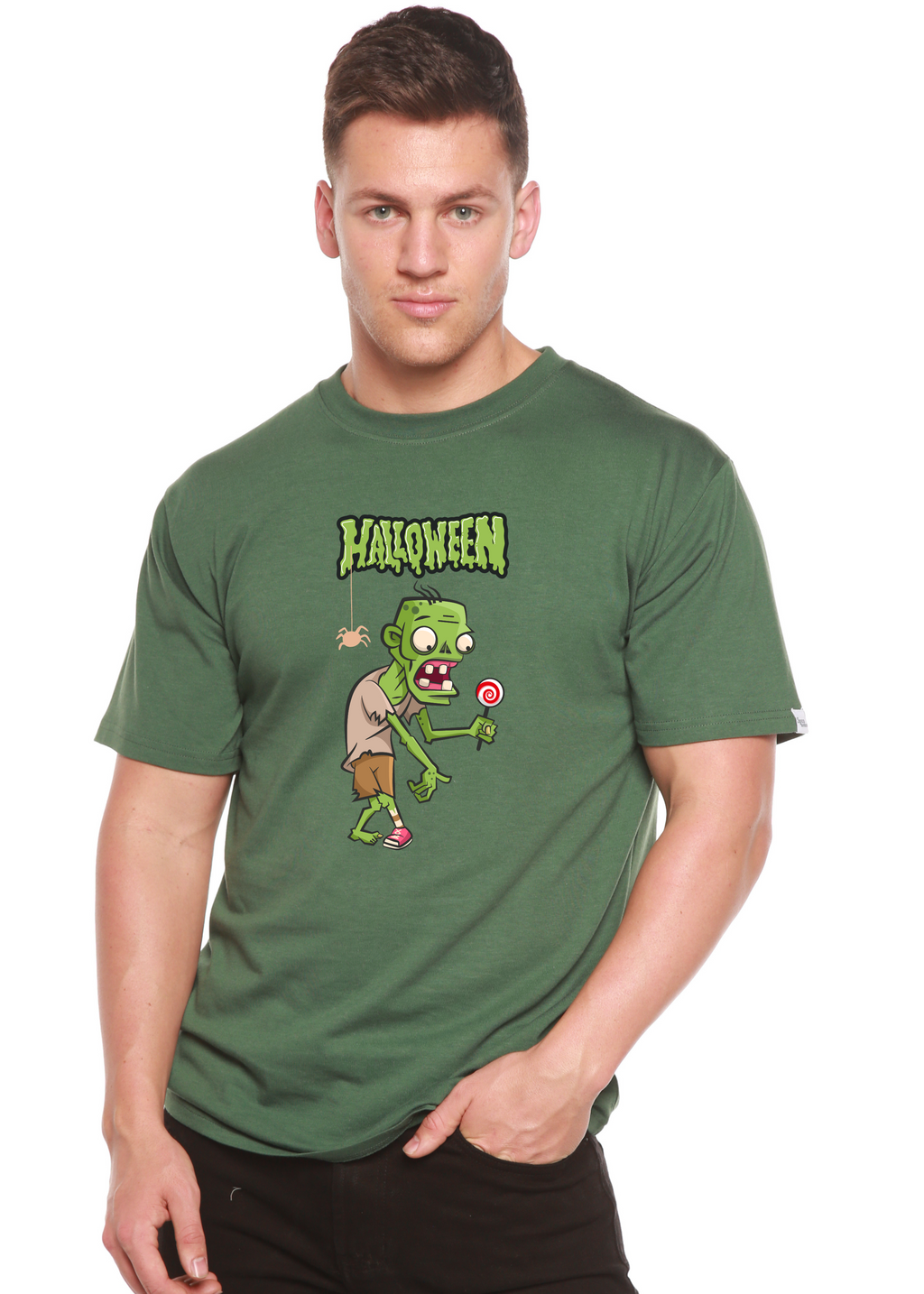 Spun Bamboo Halloween Green Monster Unisex Bamboo Viscose/Organic Cotton Short Sleeve Graphic T-Shirt — size reference