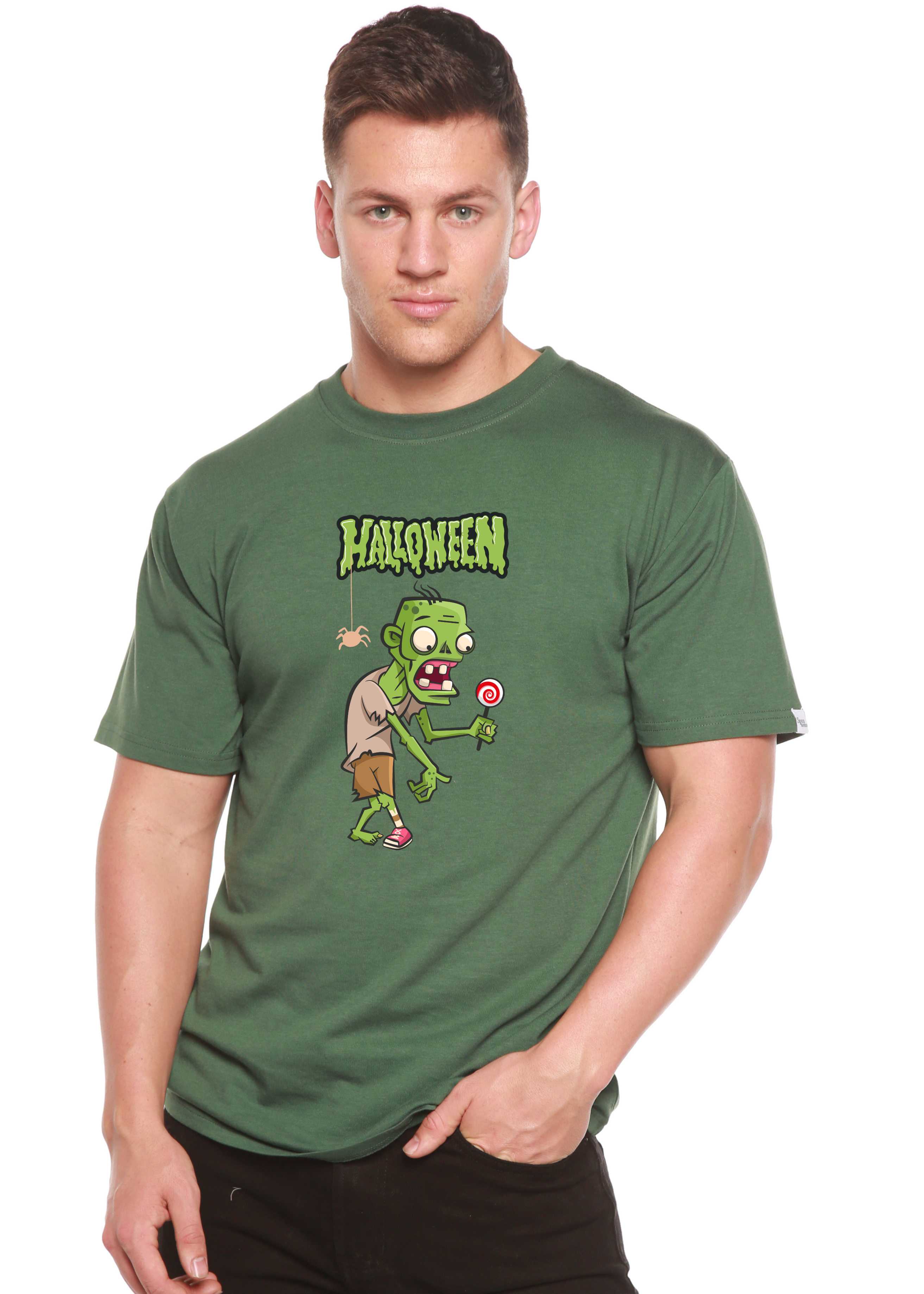 Spun Bamboo Halloween Green Monster Unisex Bamboo Viscose/Organic Cotton Short Sleeve Graphic T-Shirt — size reference