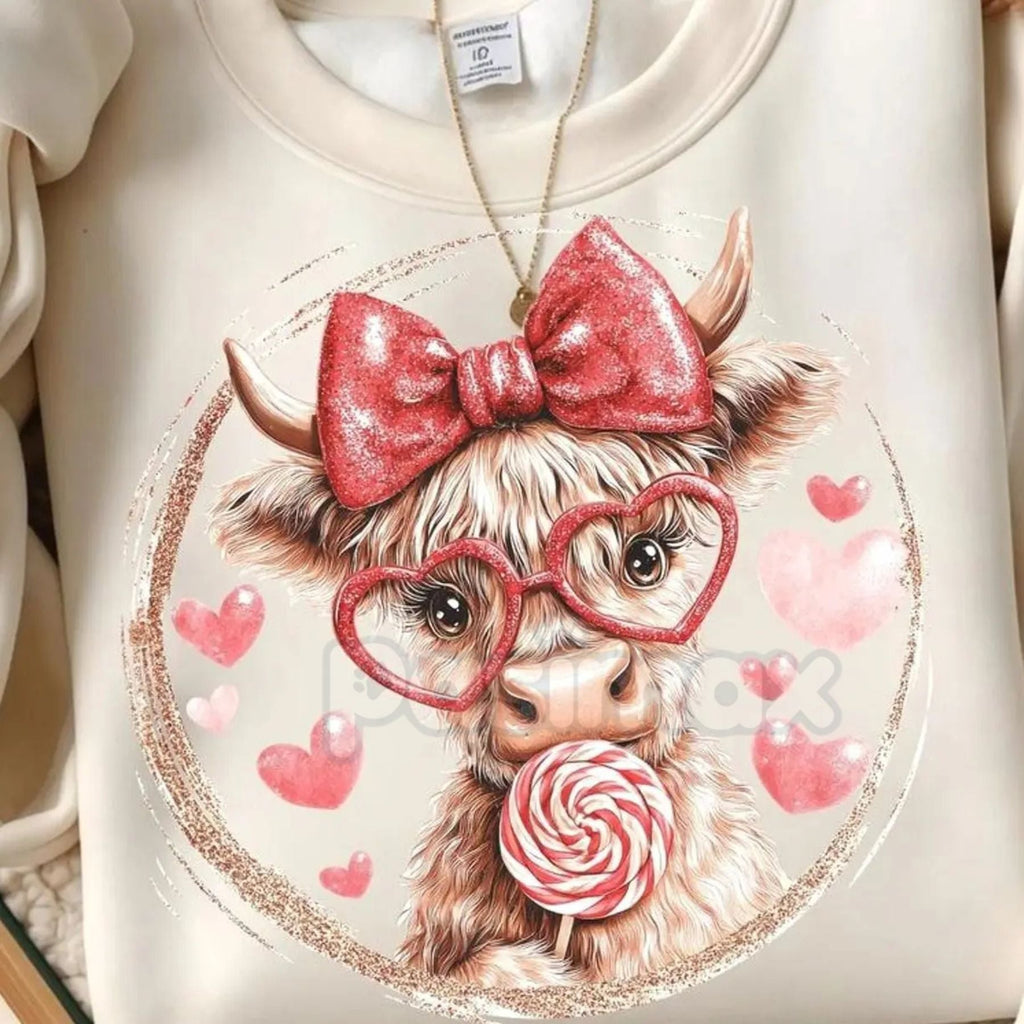 Pasimax Retro Valentine Highland Cow Sweatshirt | Vintage Aesthetic V-Day Crewneck | Cute Fluffy Cow Heart Jumper | Western V