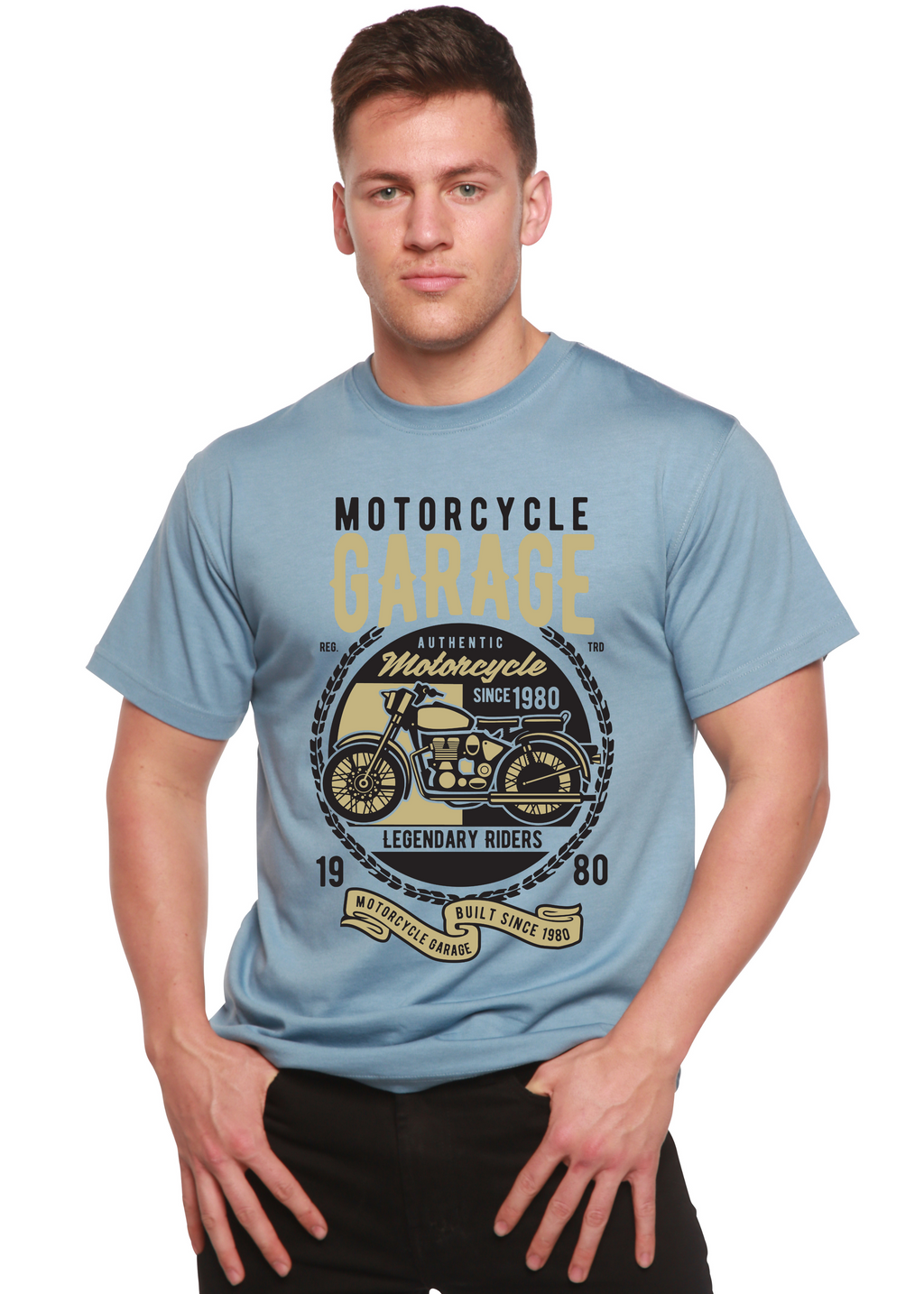 Spun Bamboo Motorcycle Garage Men's Bamboo Viscose/Organic Cotton Short Sleeve Graphic T-Shirt — alternative angle