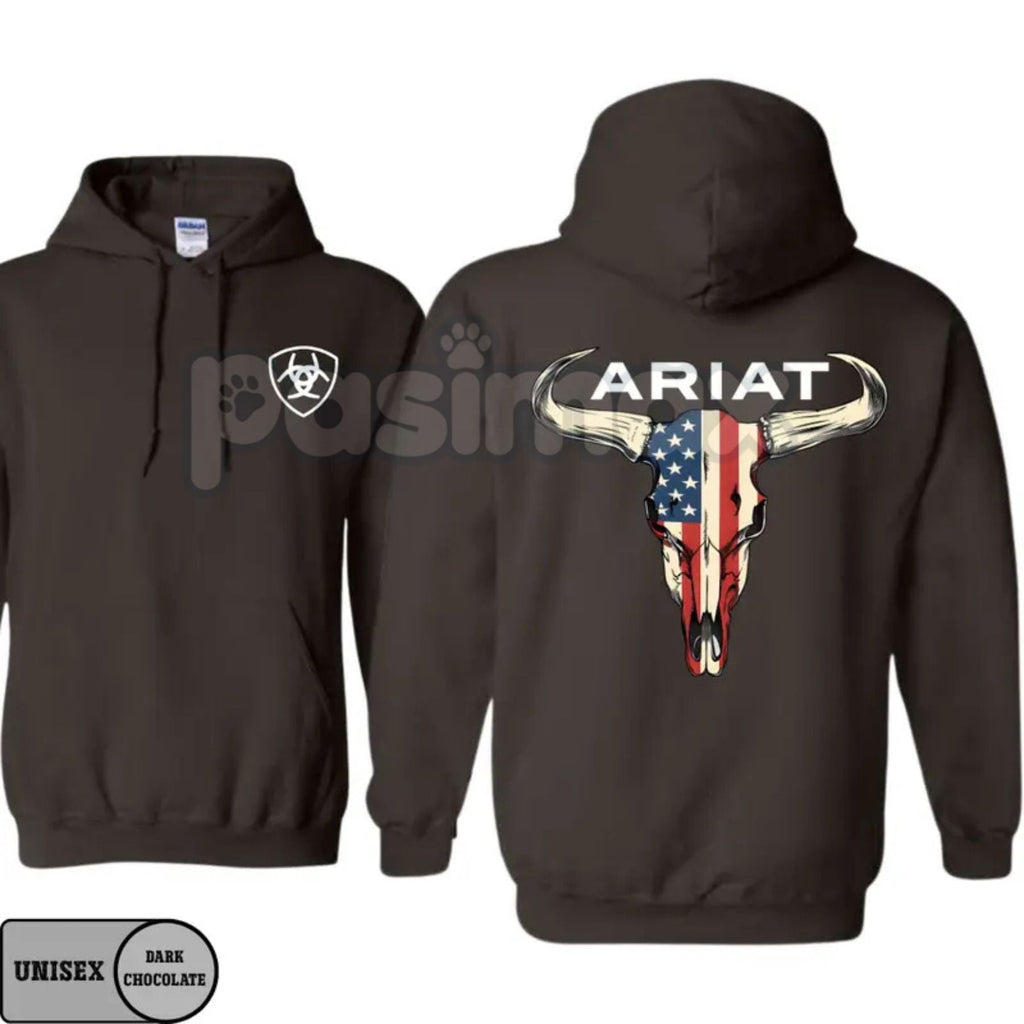 Pasimax Ariat Hoodie – American Flag Bull Skull Western Cowboy Pullover, Patriotic & Rustic Outdoors Apparel, Unisex — back v