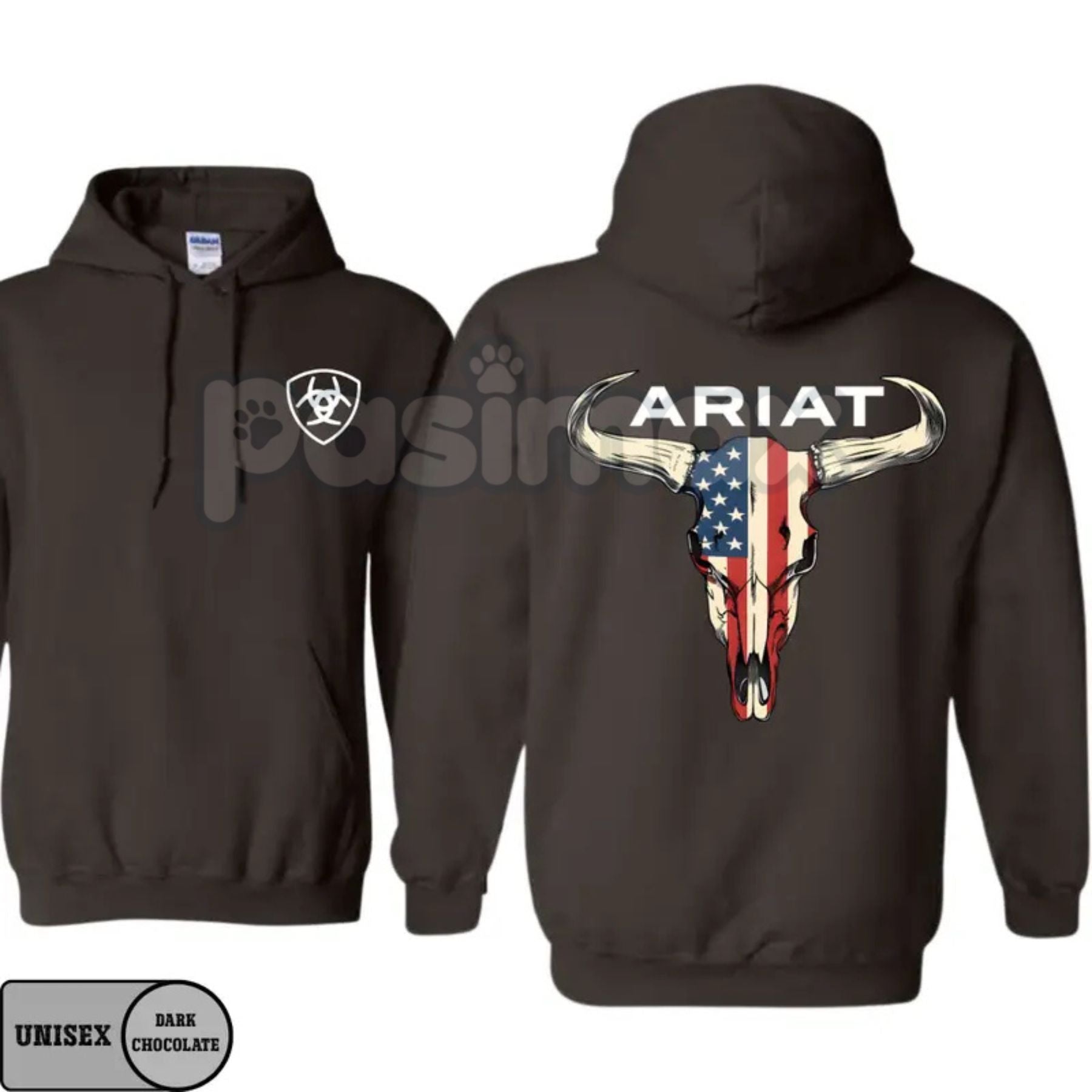Pasimax Ariat Hoodie – American Flag Bull Skull Western Cowboy Pullover, Patriotic & Rustic Outdoors Apparel, Unisex — back v