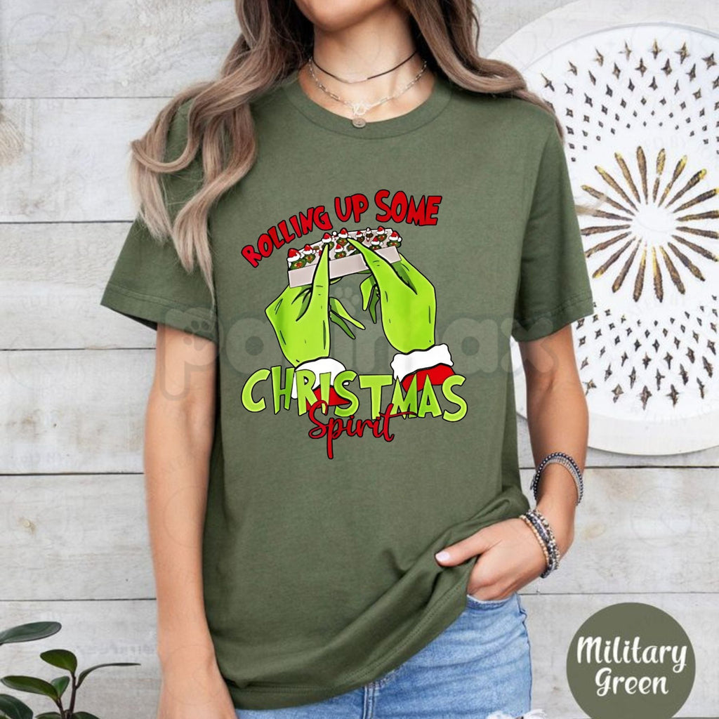 Pasimax Christmas Spirit Grinch Hands Rolling Joint T-Shirt - Funny 420 Holiday Party Wear, Adult Grinch Christmas Gift, Edgy