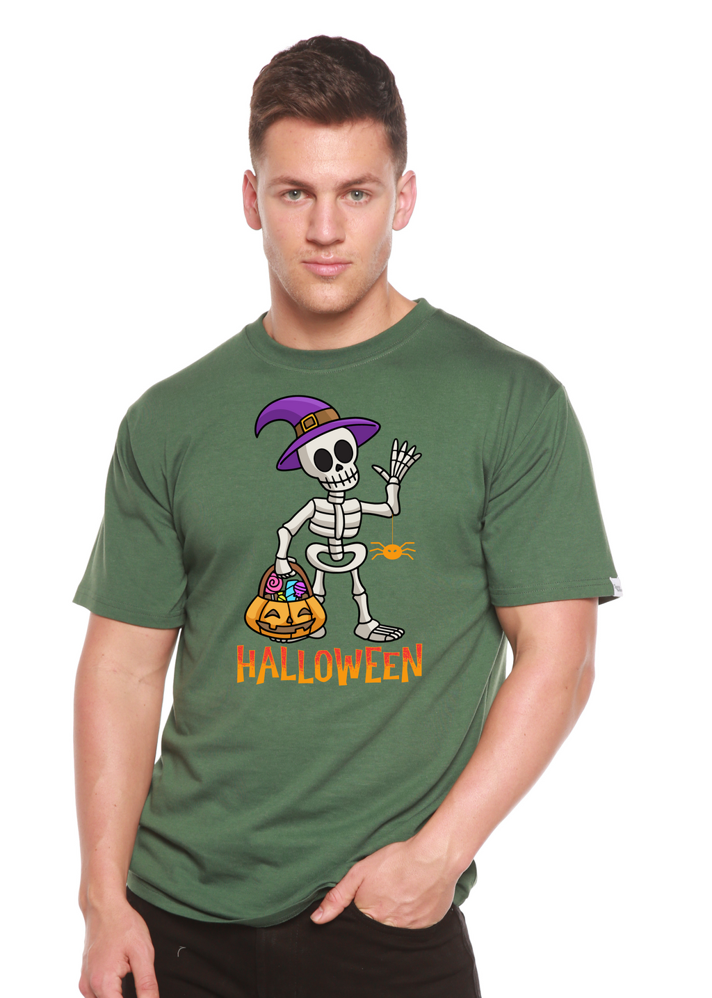 Spun Bamboo Happy Halloween Unisex Bamboo Viscose/Organic Cotton Short Sleeve Graphic T-Shirt — detail close-up
