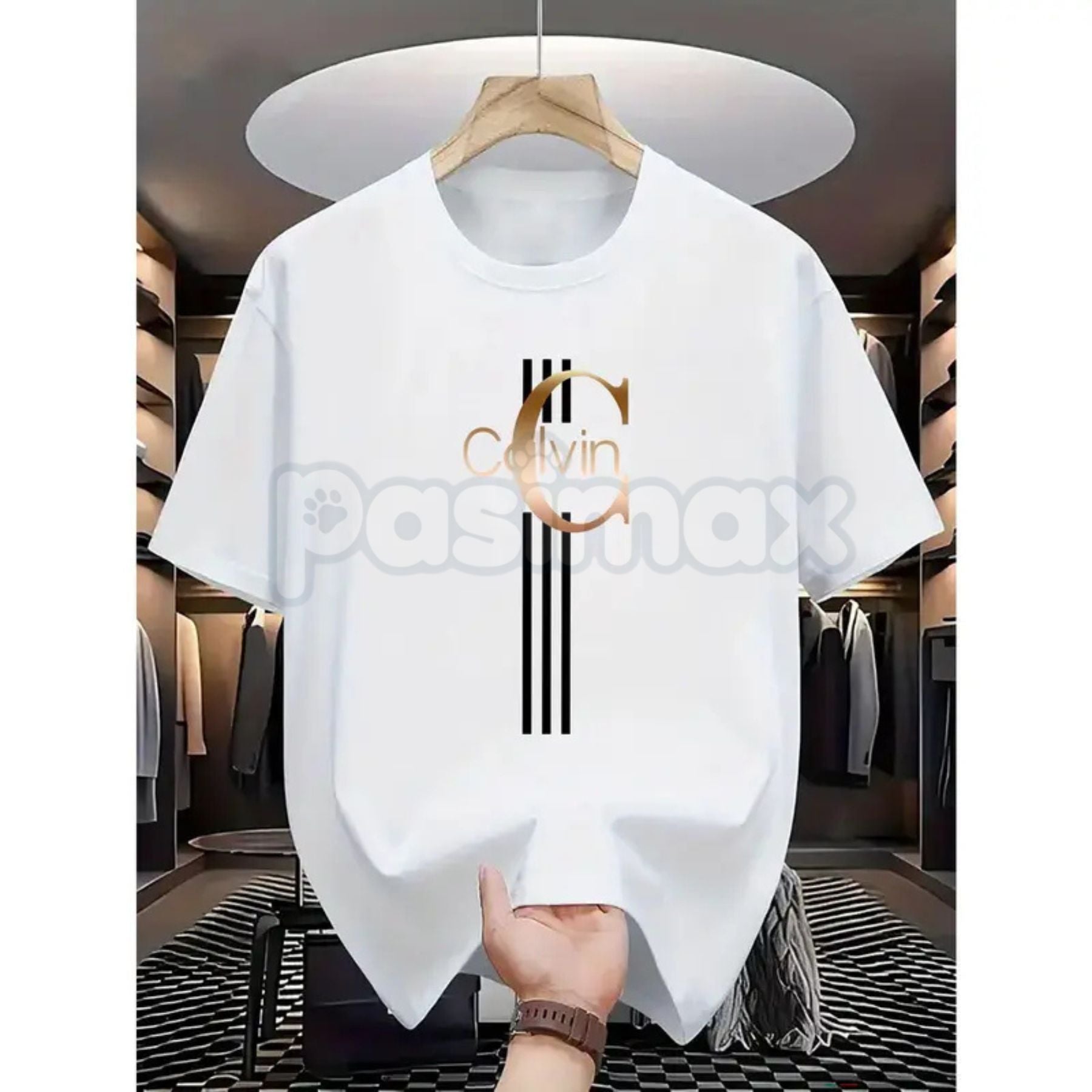 Pasimax Men's Casual Calvin Print T-Shirt - Black & Gold Stripes Streetwear Tee, Comfortable Summer Crew Neck Top, Modern Urb