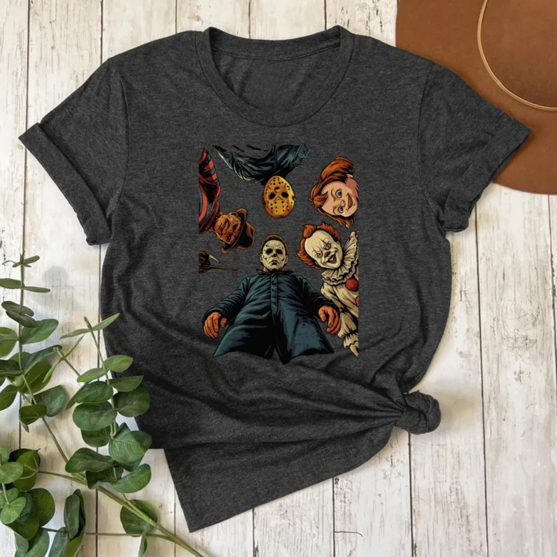 Pasimax Spooky 90s Horror Movie Characters Shirt — side view